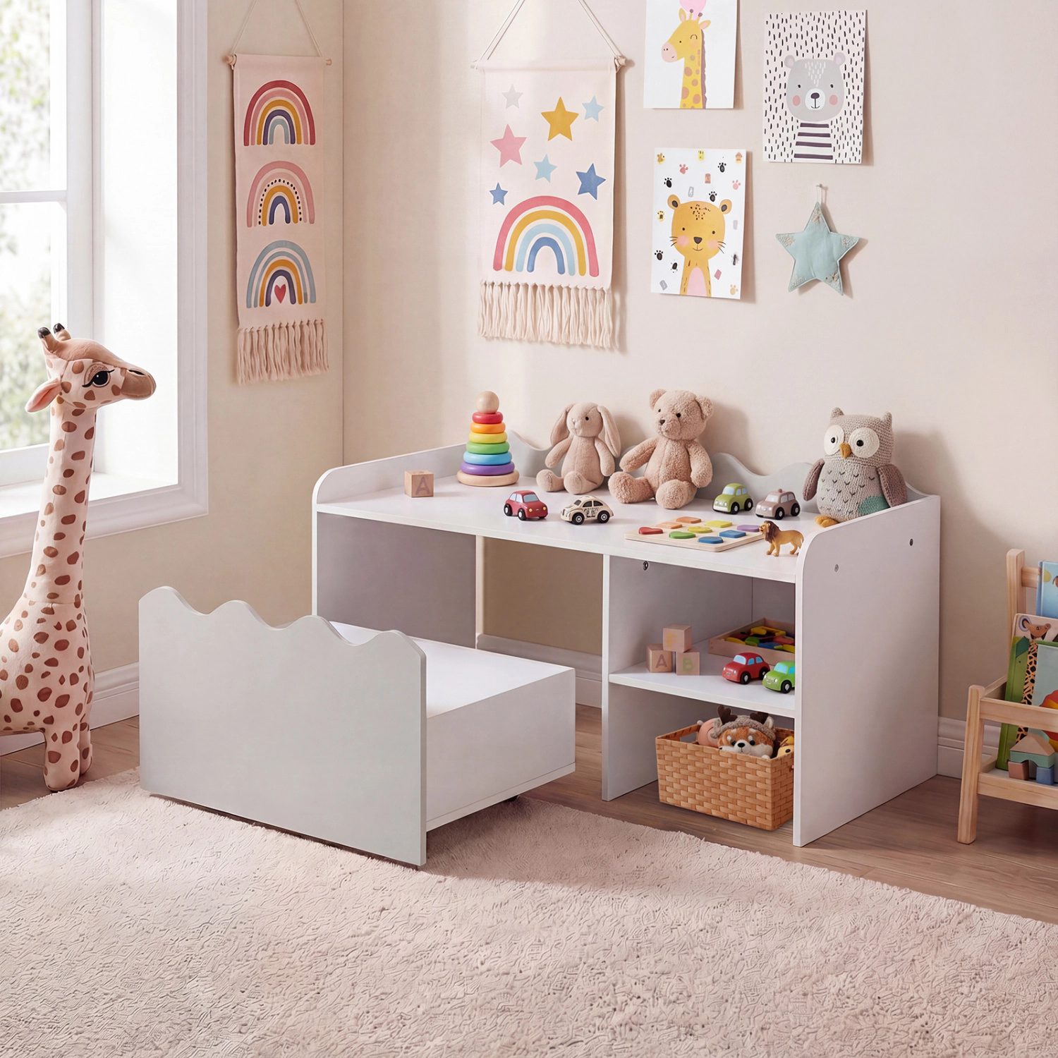 Hivvago Scalloped Kids Bookshelf and Toy Storage Organizer for Playroom