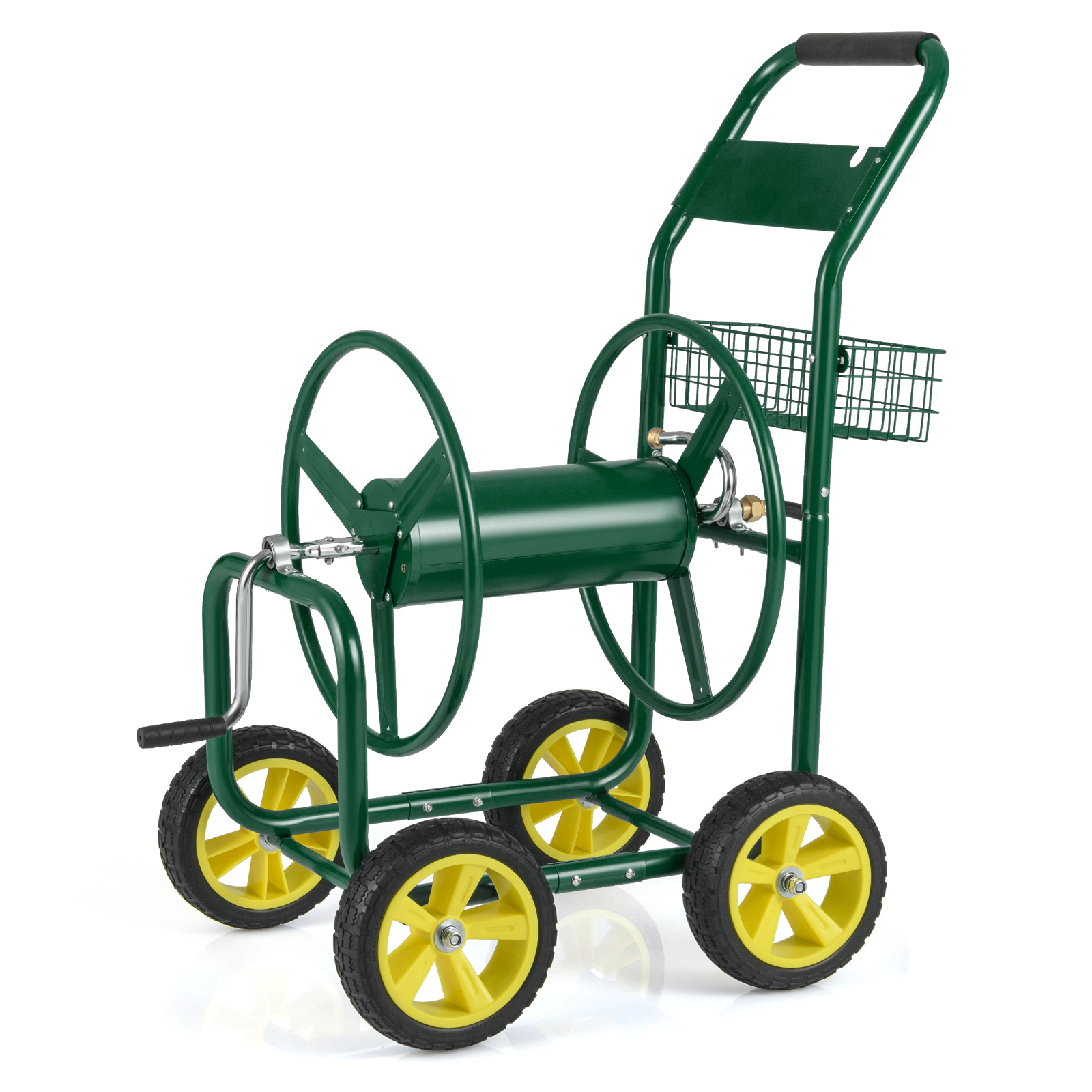 SUGIFT Green Metal Garden Hose Reel Cart with Storage Basket 4 Wheels and Brass Fittings for 300-ft Hose