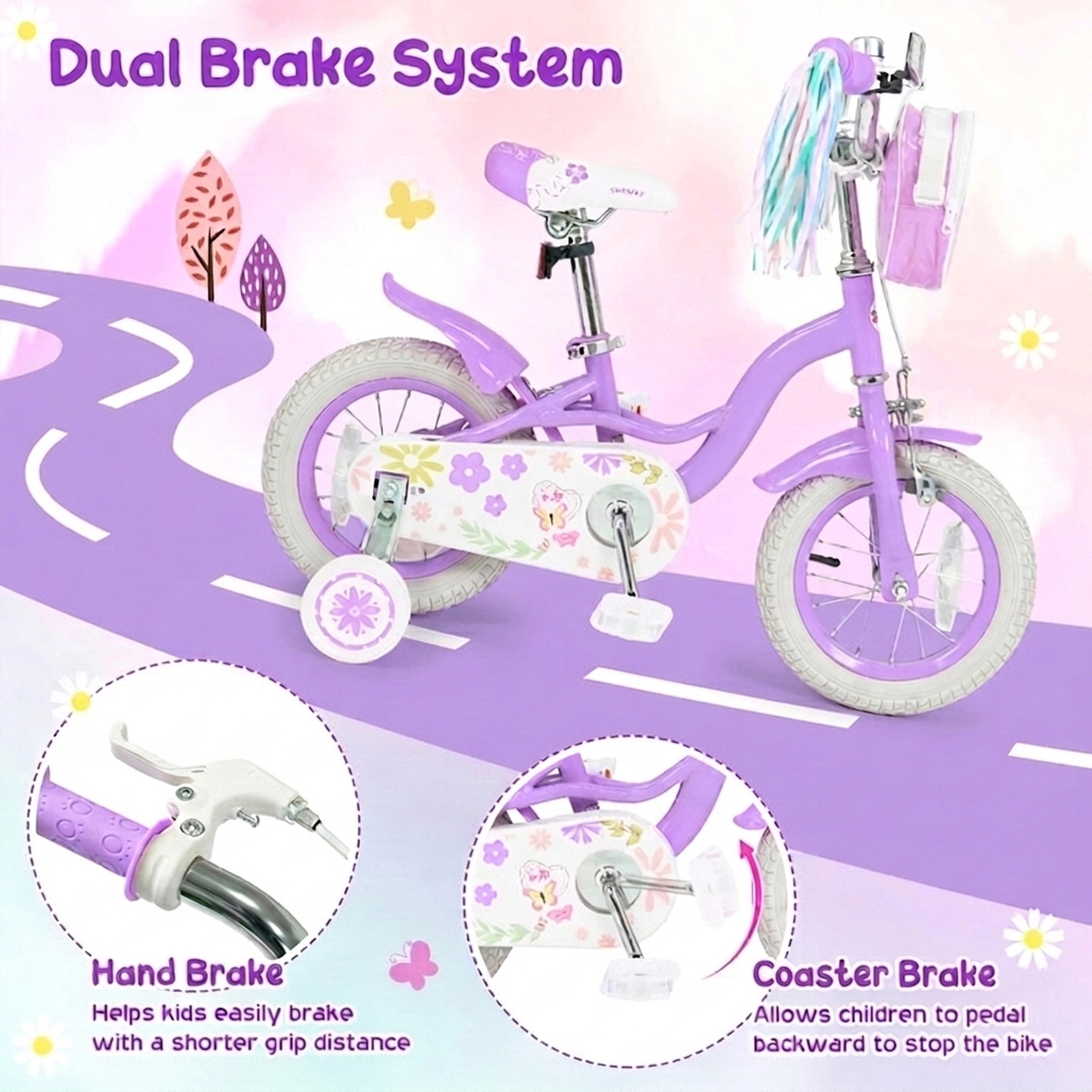 SUGIFT Adjustable 12-Inch Girls Bike with Front Bag, Streamers and Training Wheels 110-lb Seat Capacity Ages 3-4 Purple