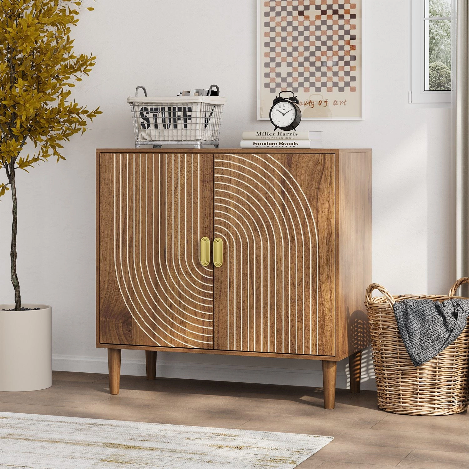 GBruno Line Groove Walnut Buffet Sideboard Cabinet