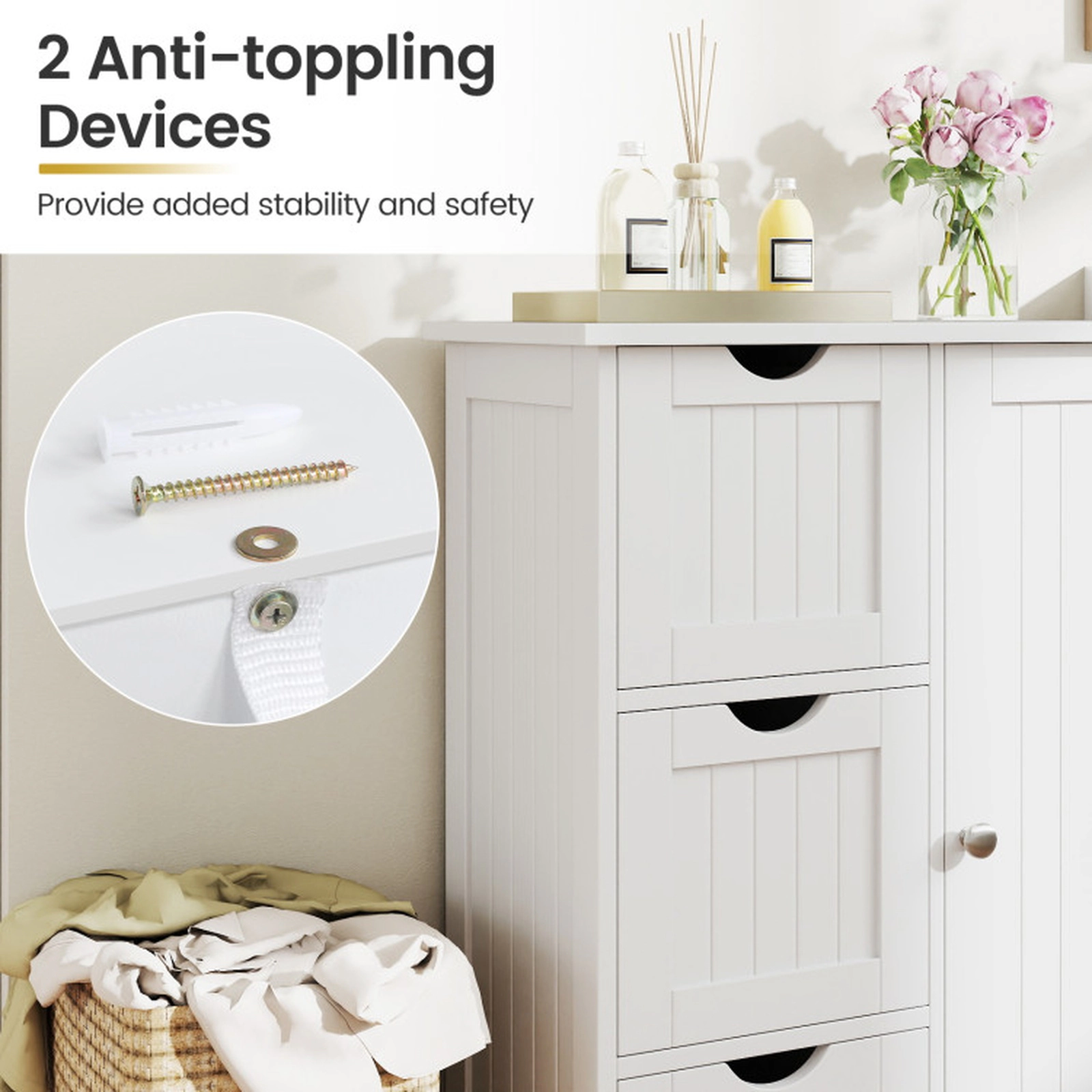 SUGIFT White 70-lb Top Capacity 3-Drawer Bathroom Floor Storage Cabinet with Cupboard and Adjustable Shelf