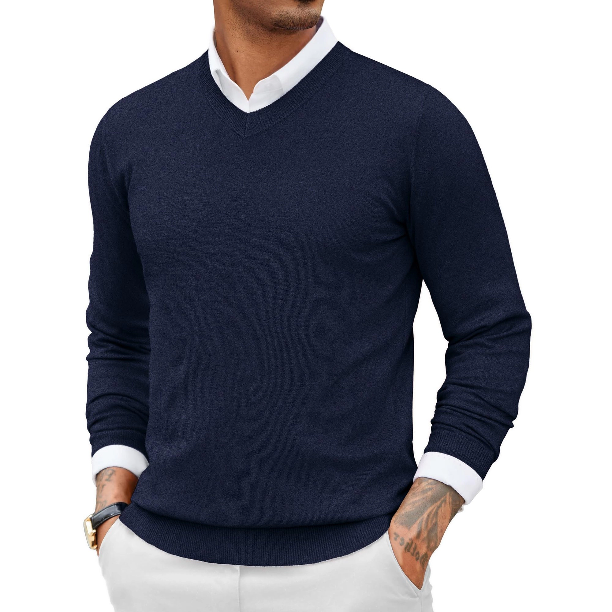 COOFANDY Mens V Neck Sweater Long Sleeve Ribbed Trim Slim Fit Casual Fall Pullover