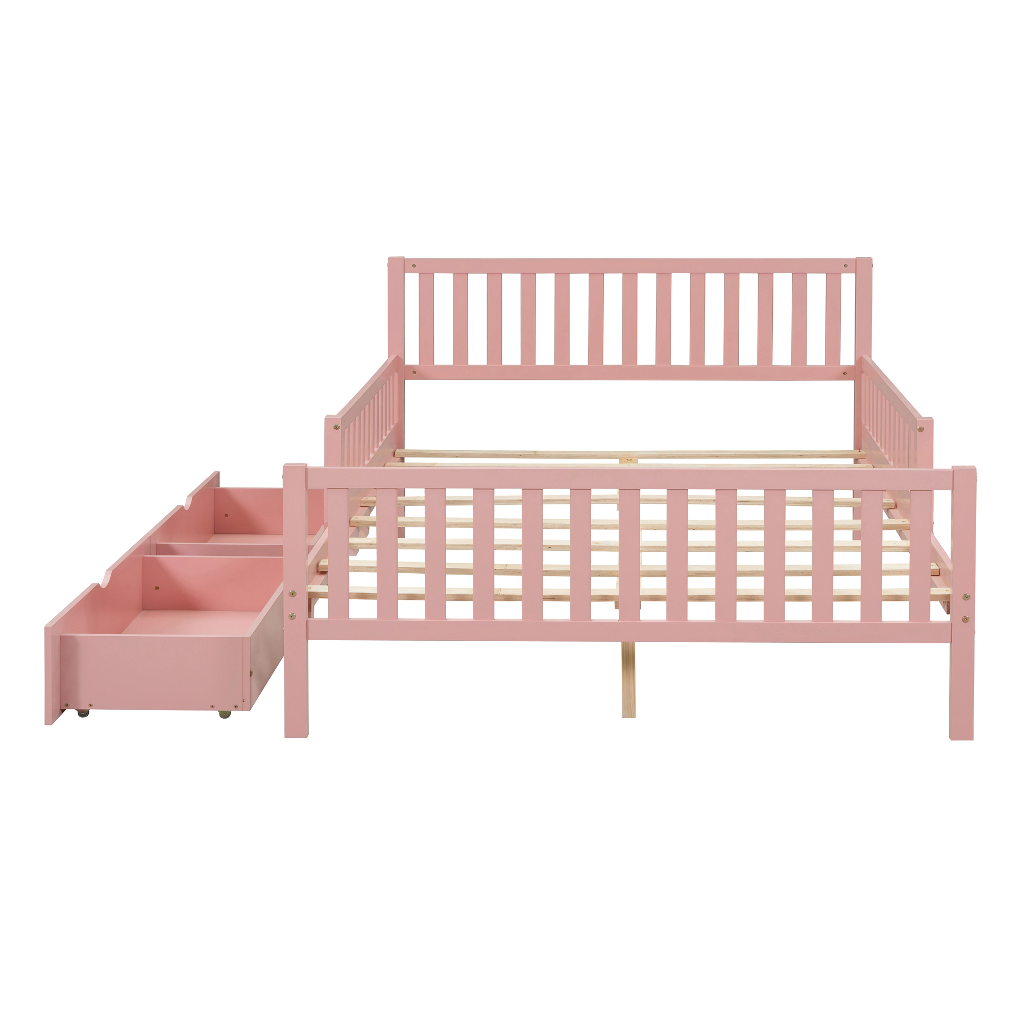 Flynama Full Wood Platform Bed with Guardrails & 2 Storage Drawers, Pink
