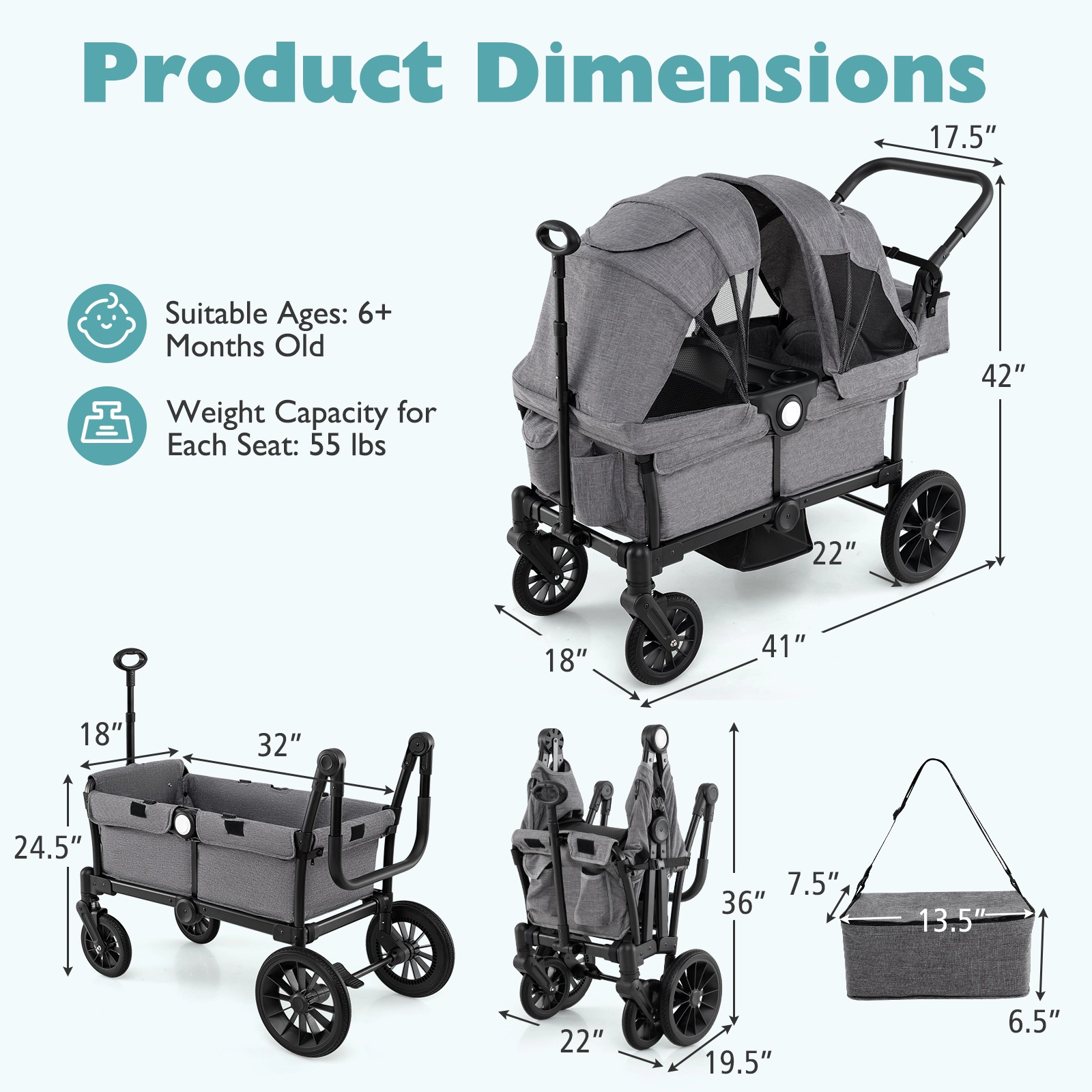 SUGIFT Gray 55-lb Per Seat 2-Seater Collapsible Push Pull Kids Wagon Stroller with Adjustable Handlebars