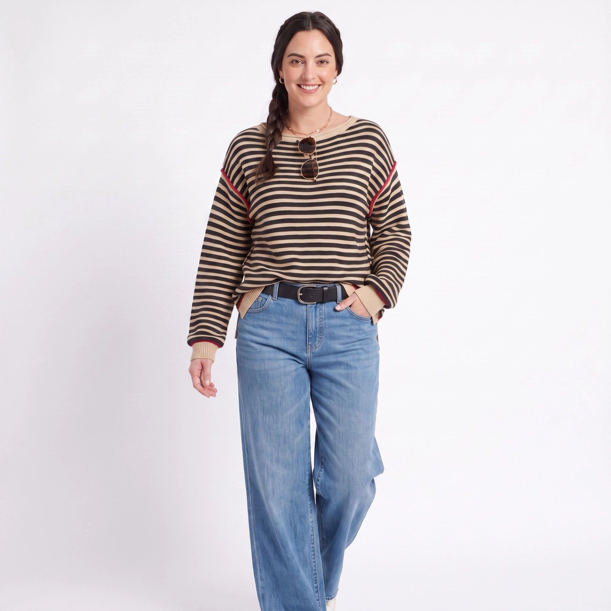 Anna-Kaci Women's Striped Contrast Trim Drop Shoulder Long Sleeve Knit Sweater