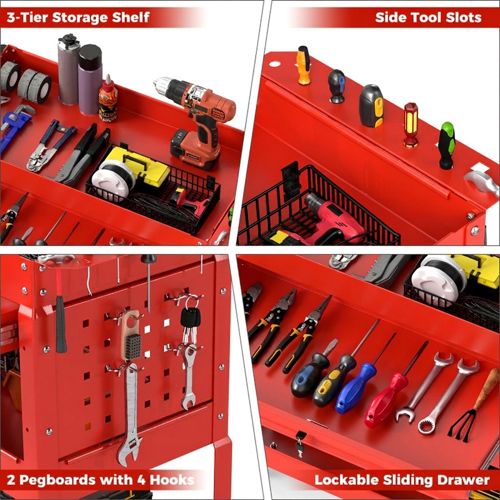 SUGIFT 3-Tier Rolling Tool Cart Shelving Unit with Lockable Drawer 350-lb Capacity Garage and Workshop Organizer Red