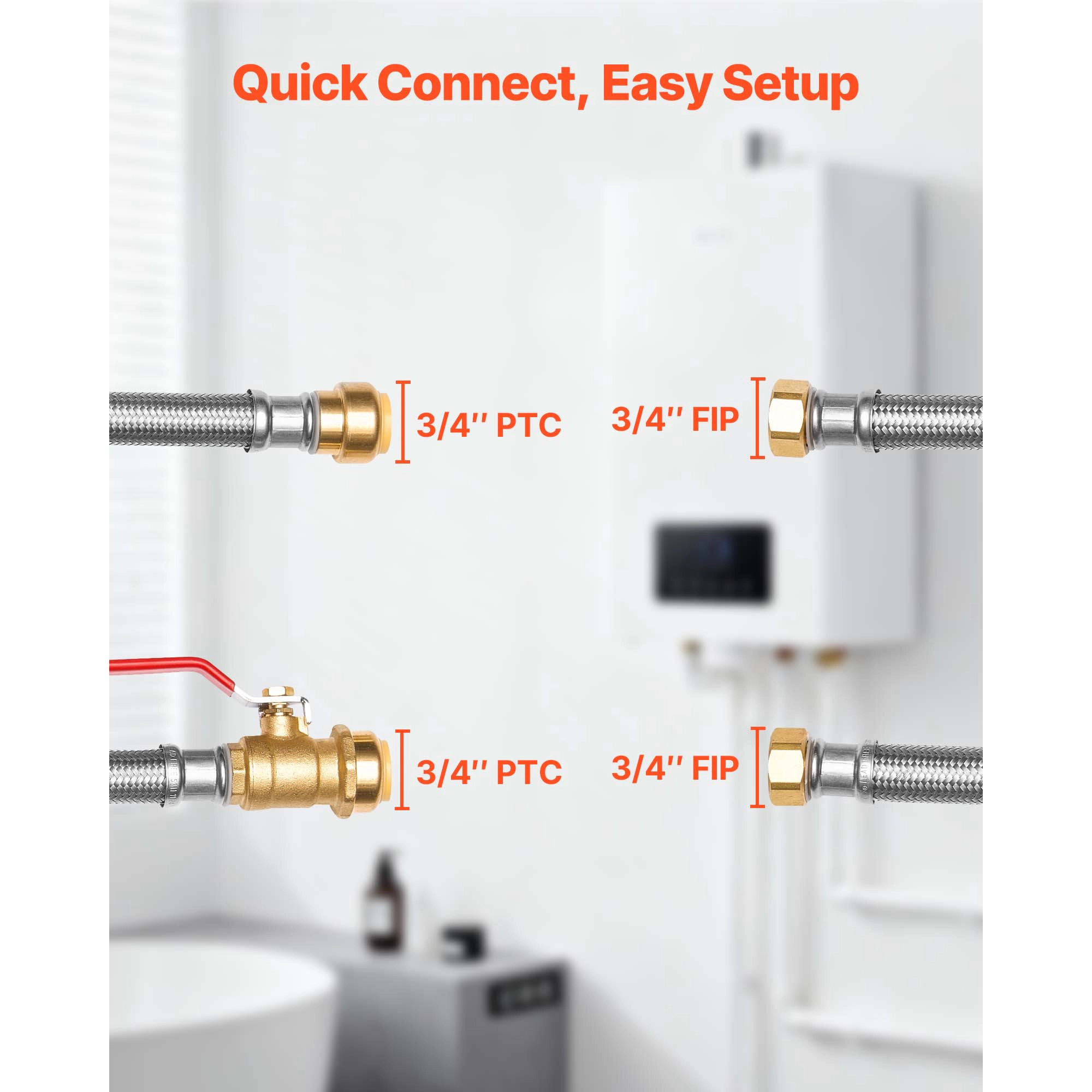 HONGGE Water Heater Kit Push-Fit Valve Flexible Water Heater Connector with 3/4" FIP PTC Ball Valve Stainless Steel