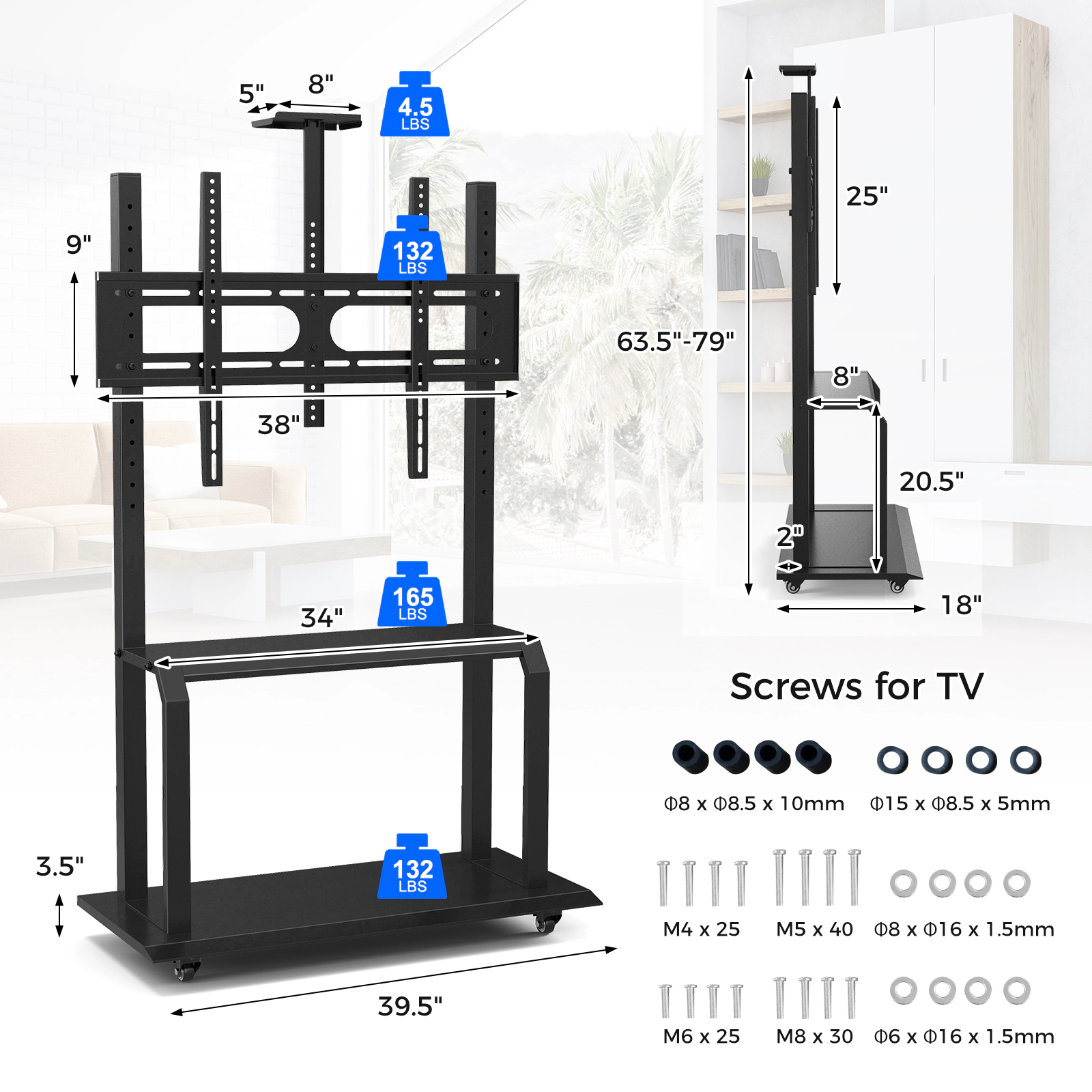 SUGIFT Mobile TV Stand for 32-80 in TVs, 2-Tier AV Cart with Camera Shelf and Locking Casters