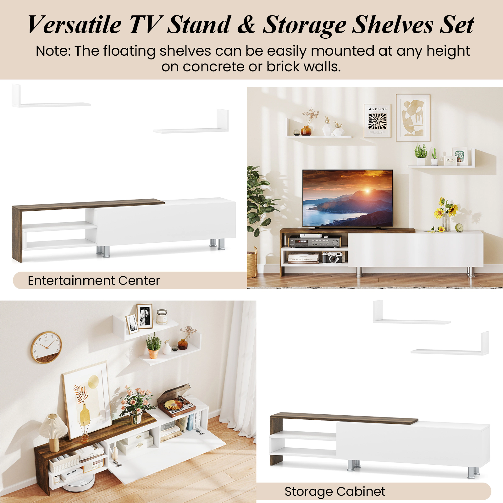 SUGIFT 3-Piece Farmhouse TV Stand with Floating Shelves 77-lb Tabletop Capacity for TVs up to 80 in White & Walnut