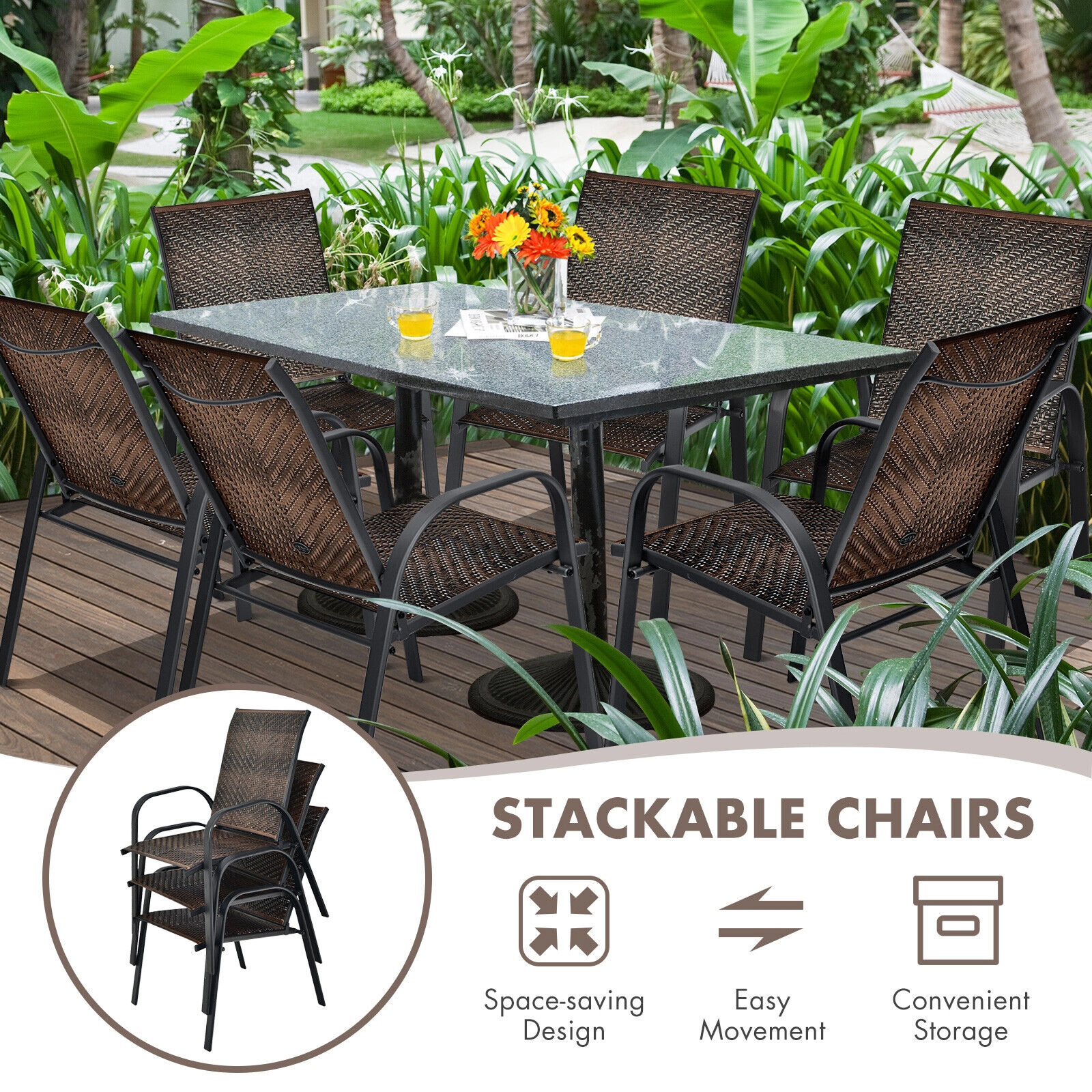 LJG Set of 6 Outdoor PE Wicker Stackable Chairs with Sturdy Steel Frame
