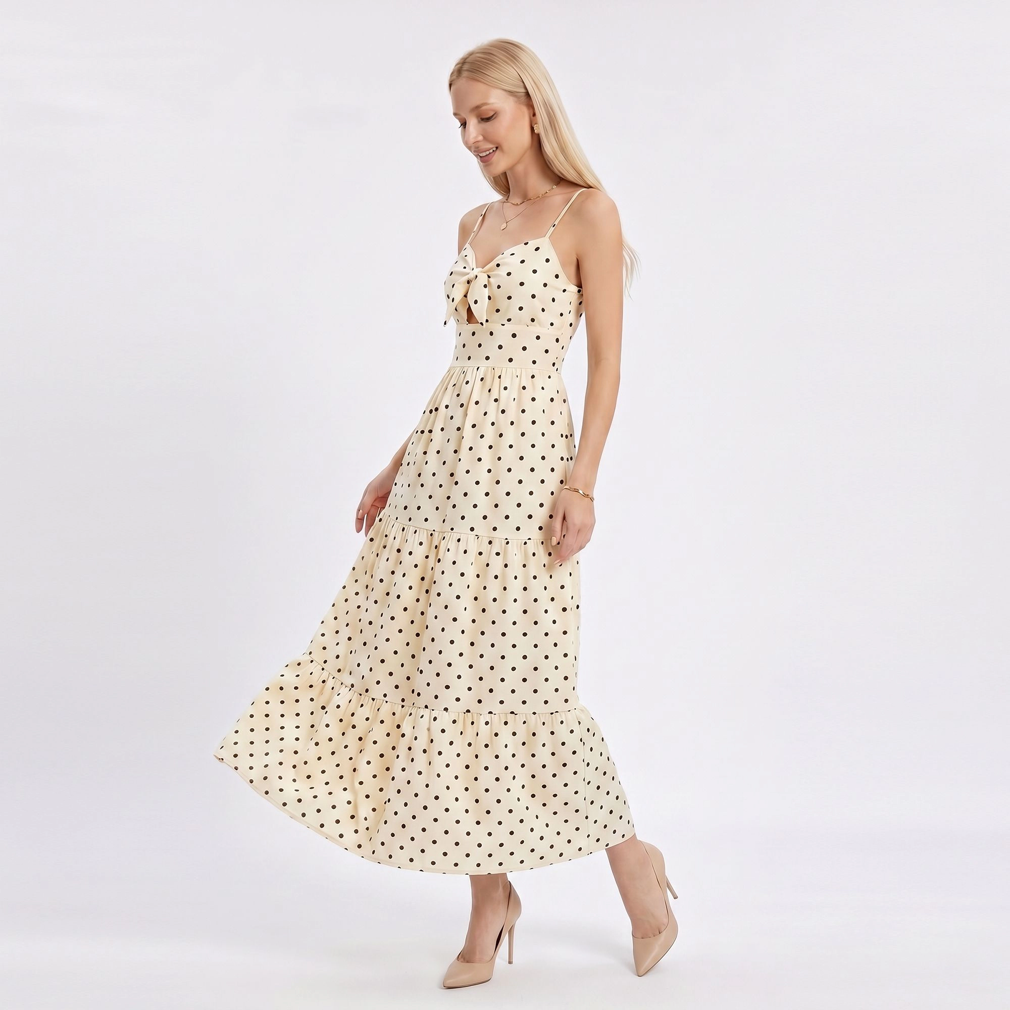 Anna-Kaci Women's Polka Dot Maxi Dress with Tie Front Cutout and Tiered Skirt