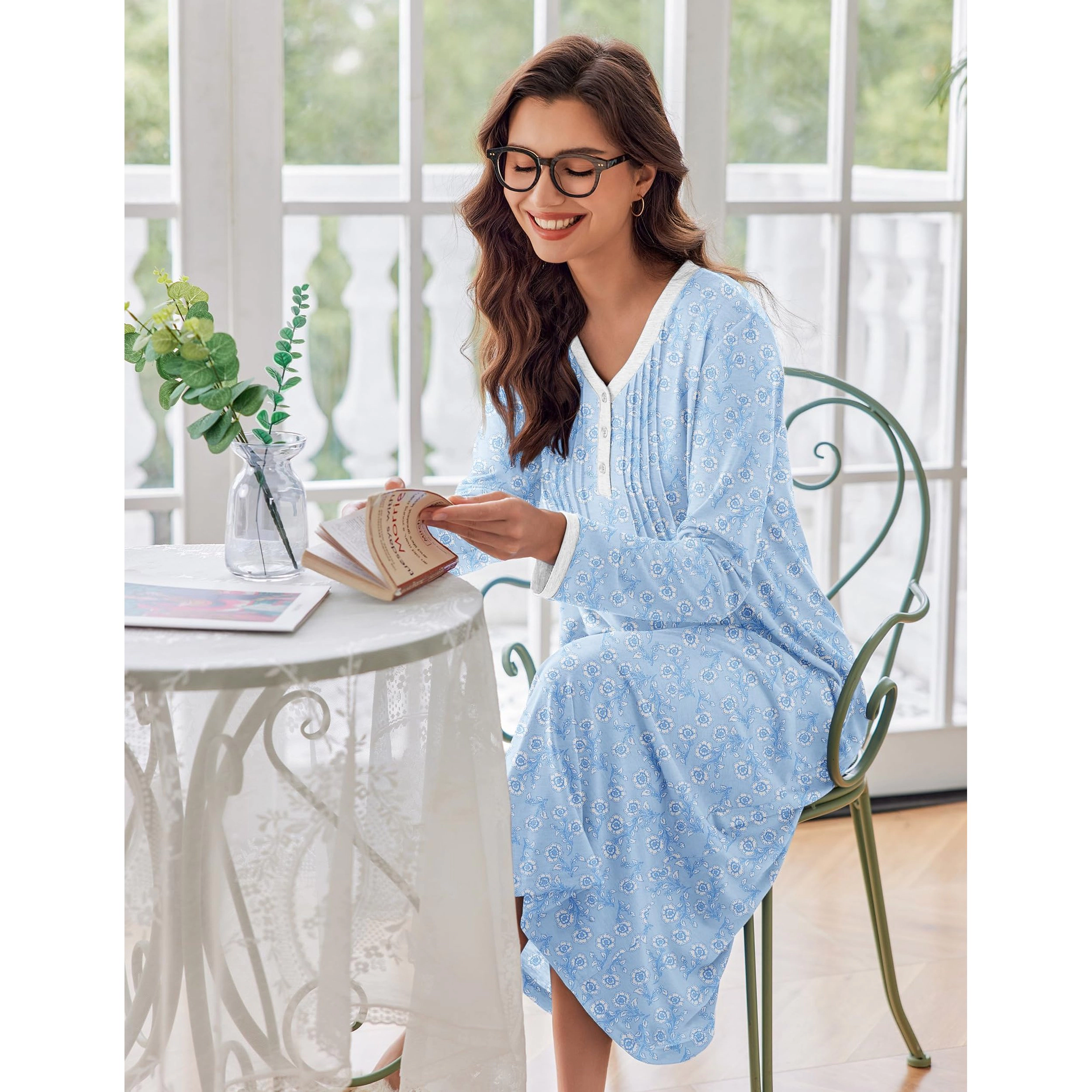 Ekouaer Women's Long Sleeve Nightgown Full Length Sleepwear Sleepshirts Henley Sleep Dress
