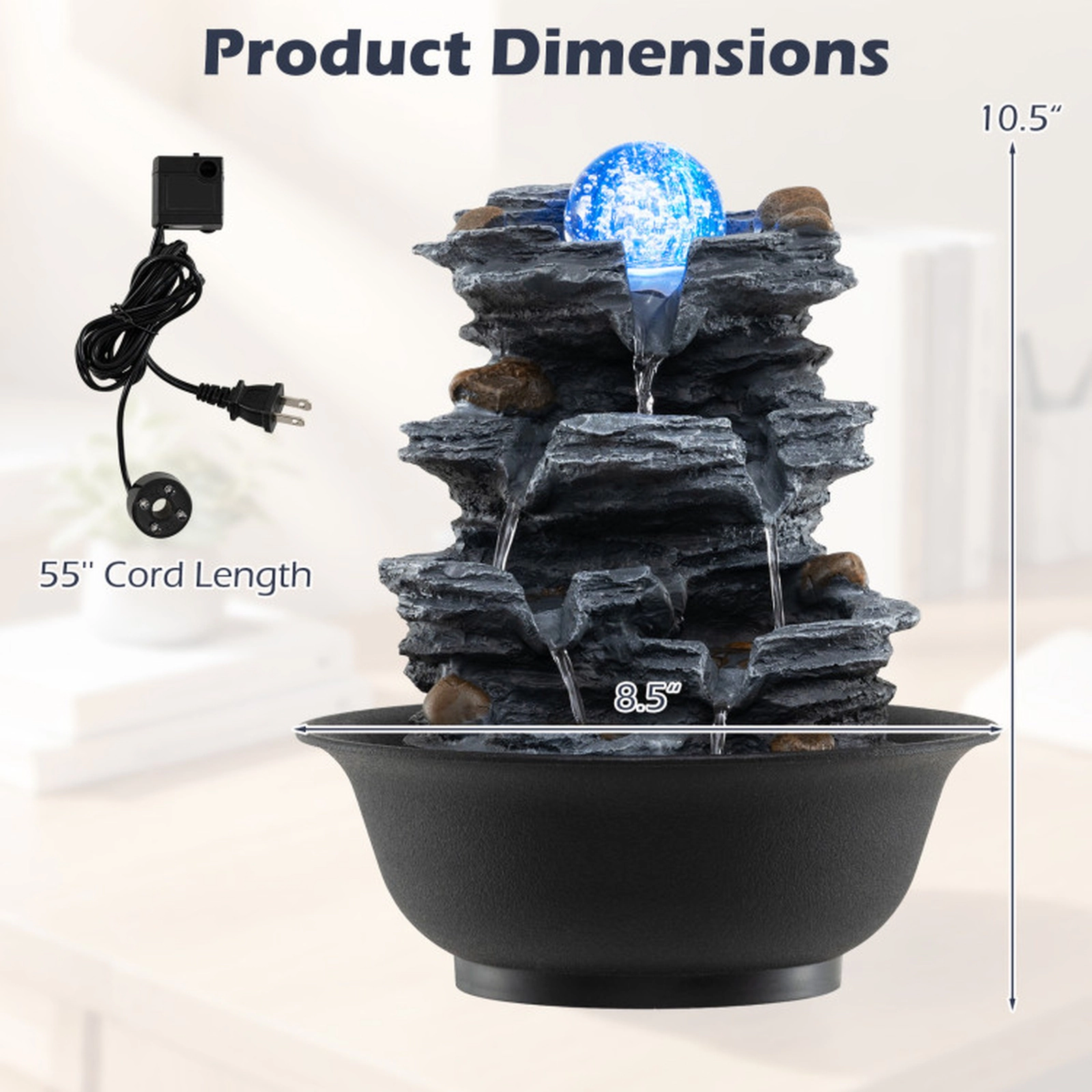 SUGIFT Multi-Tier Tabletop Water Fountain Color-Changing LED Light Rolling Crystal Ball 8.5 x 10.5-in 2.5-lb Black