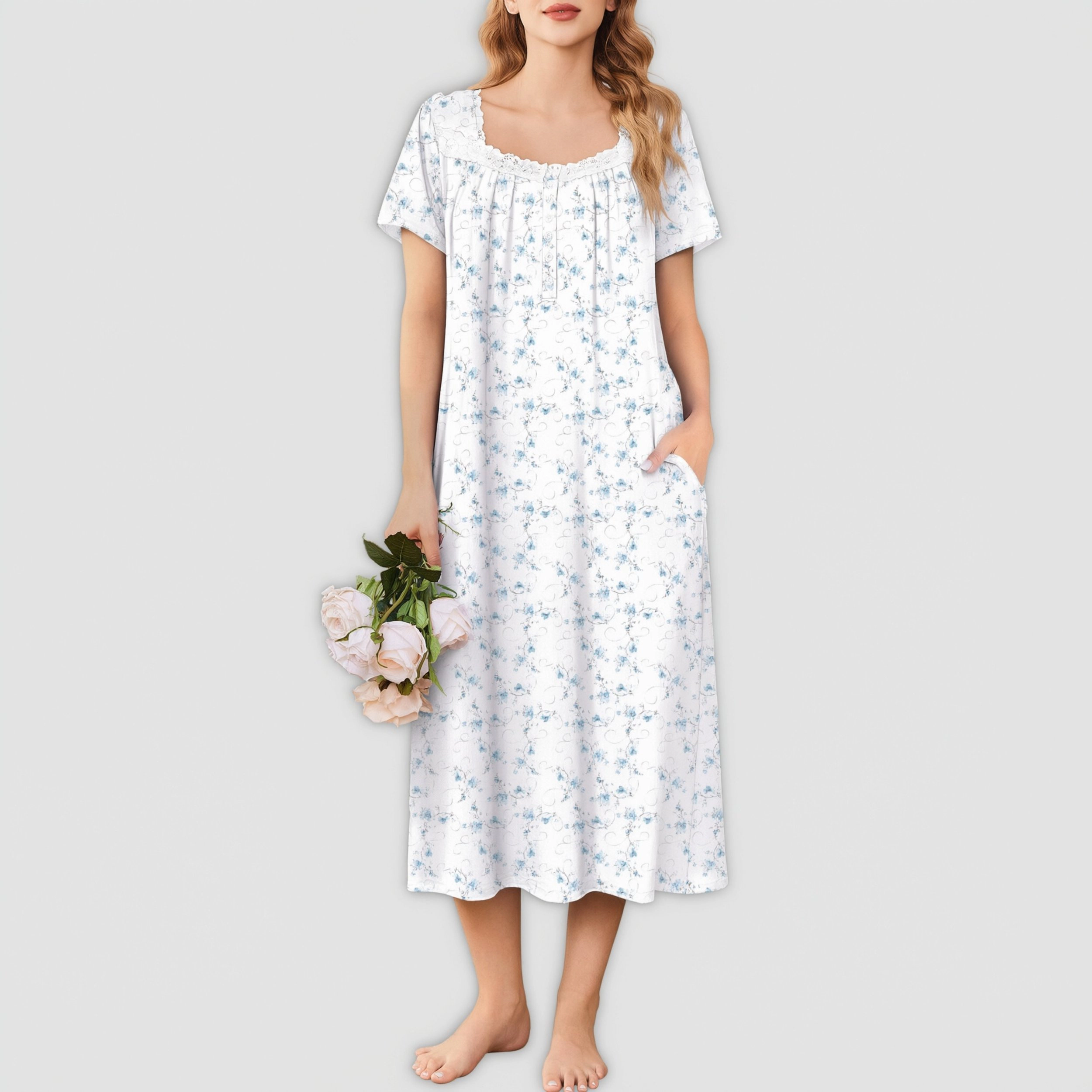 Ekouaer Nightgowns for Women Long Sleepshirts Lace Nightdress Short Sleeve Soft House Dress