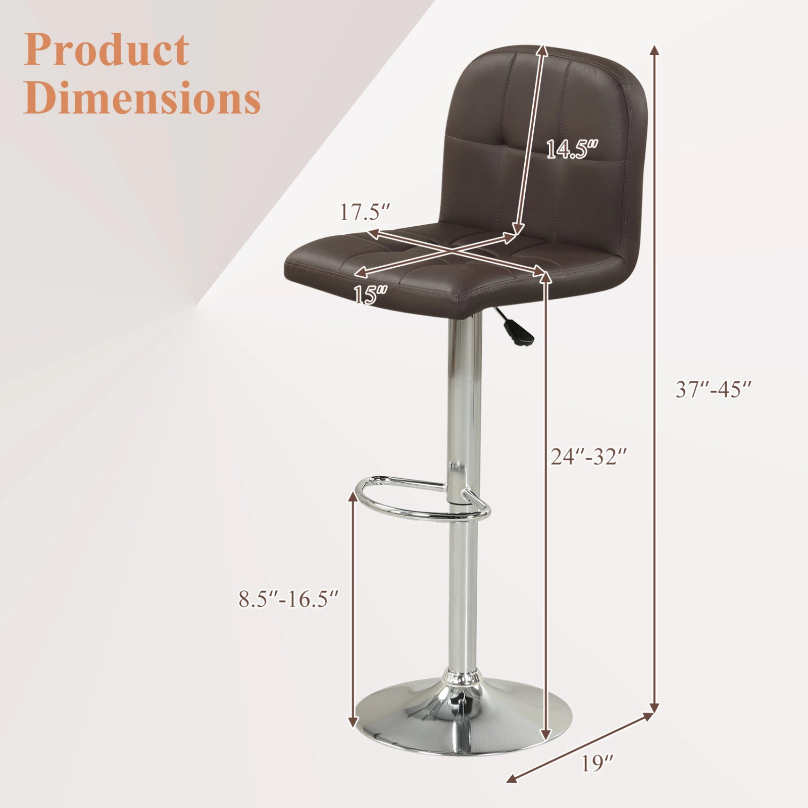 SUGIFT Faux Leather Seat and Silver Base Set of 2 Brown Adjustable Swivel Bar Stools