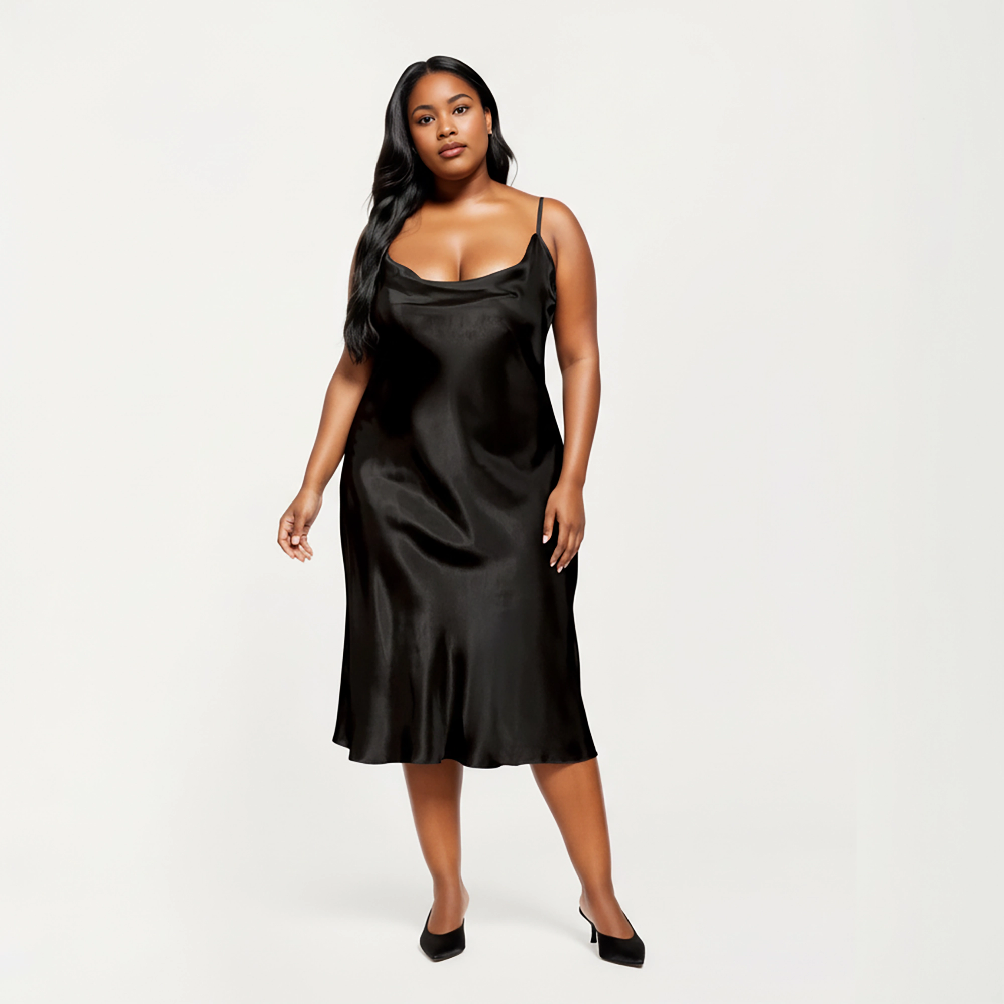 Anna-Kaci Women's Plus Satin Midi Slip Dress with Draped Neckline and Smooth Glossy Fabric
