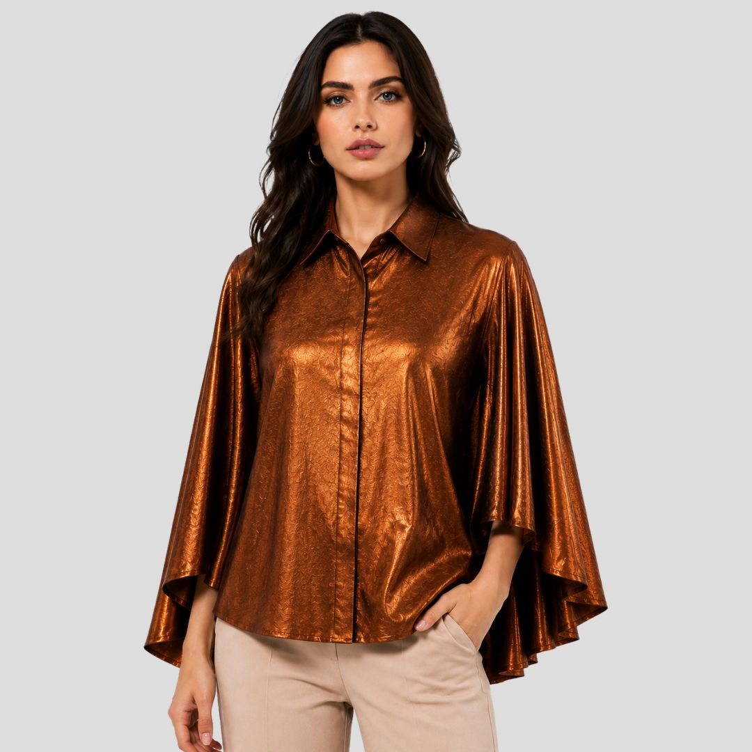 Artyska Women’s Metallic Jacquard Cape-Sleeve Button-Front Blouse
