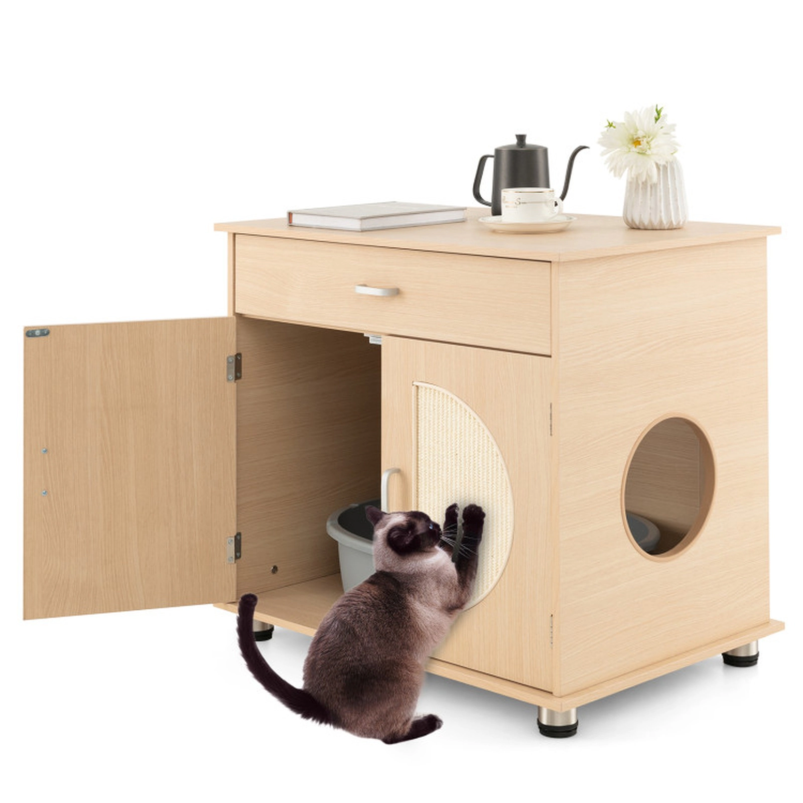 SUGIFT Cat Litter Box Enclosure with Sisal Scratching Doors and Storage 66-lb Tabletop Capacity Natural 1-Pc