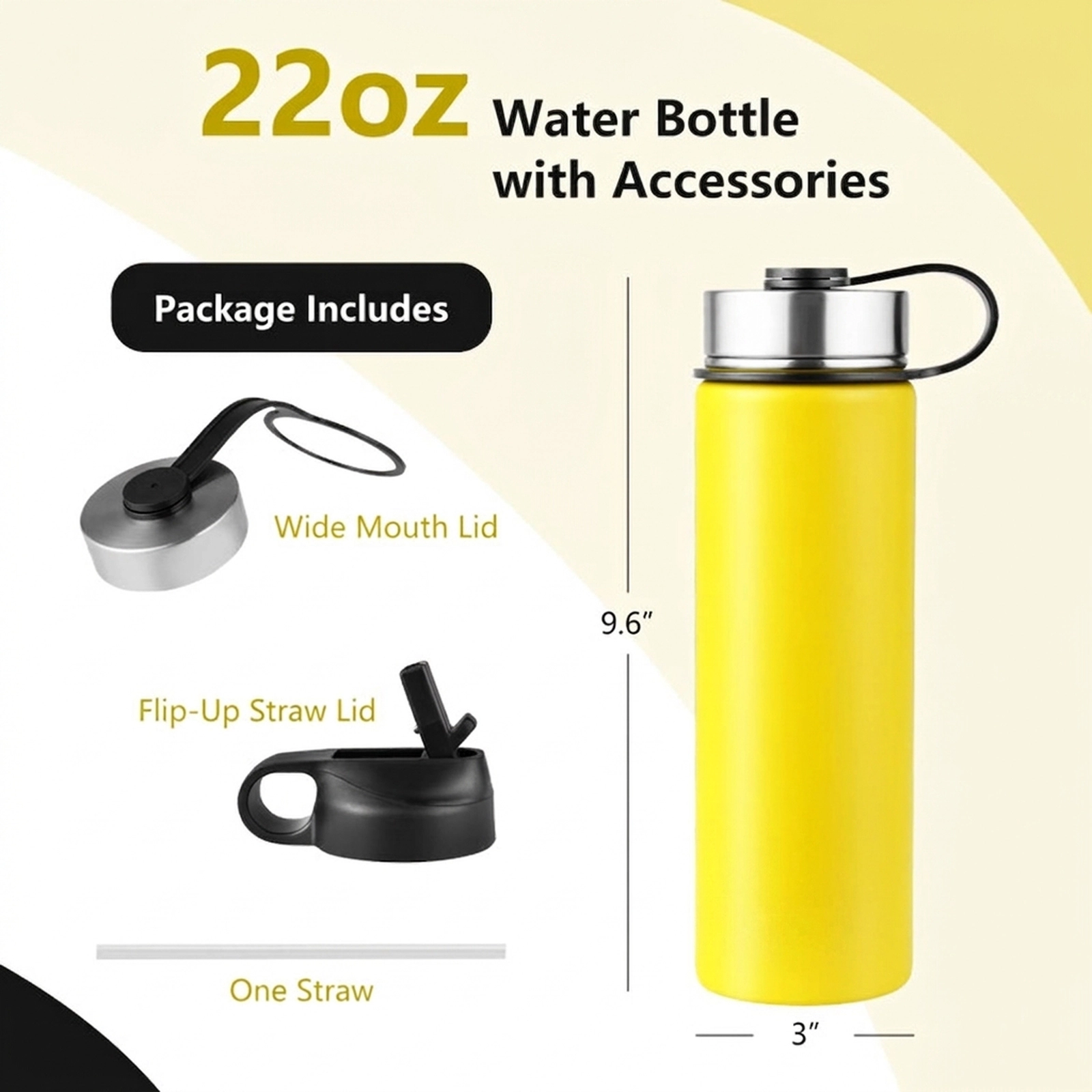 SUGIFT 22-oz Yellow Insulated Stainless Steel Water Bottle with 2 Lids and Flip-Up Straw 3-in Dia 9.6-in H