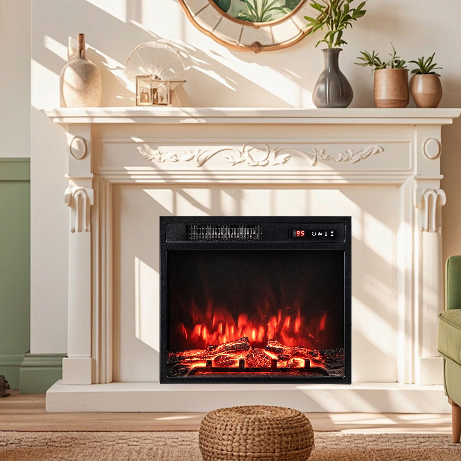 SlickBlue Black Metal Tempered Glass Electric Fireplace Insert, 5000 BTU, Remote Control