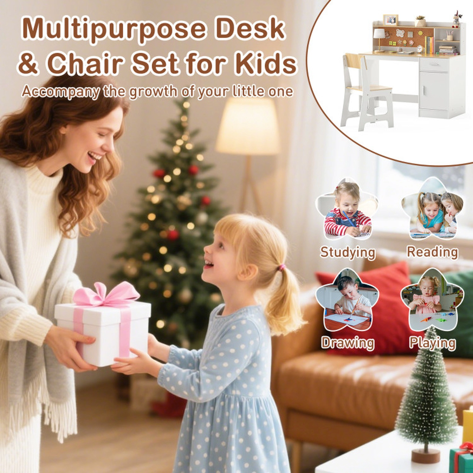 SUGIFT Natural Cork Bulletin Board Drawer and Cabinet Kids Study Desk and Chair Set