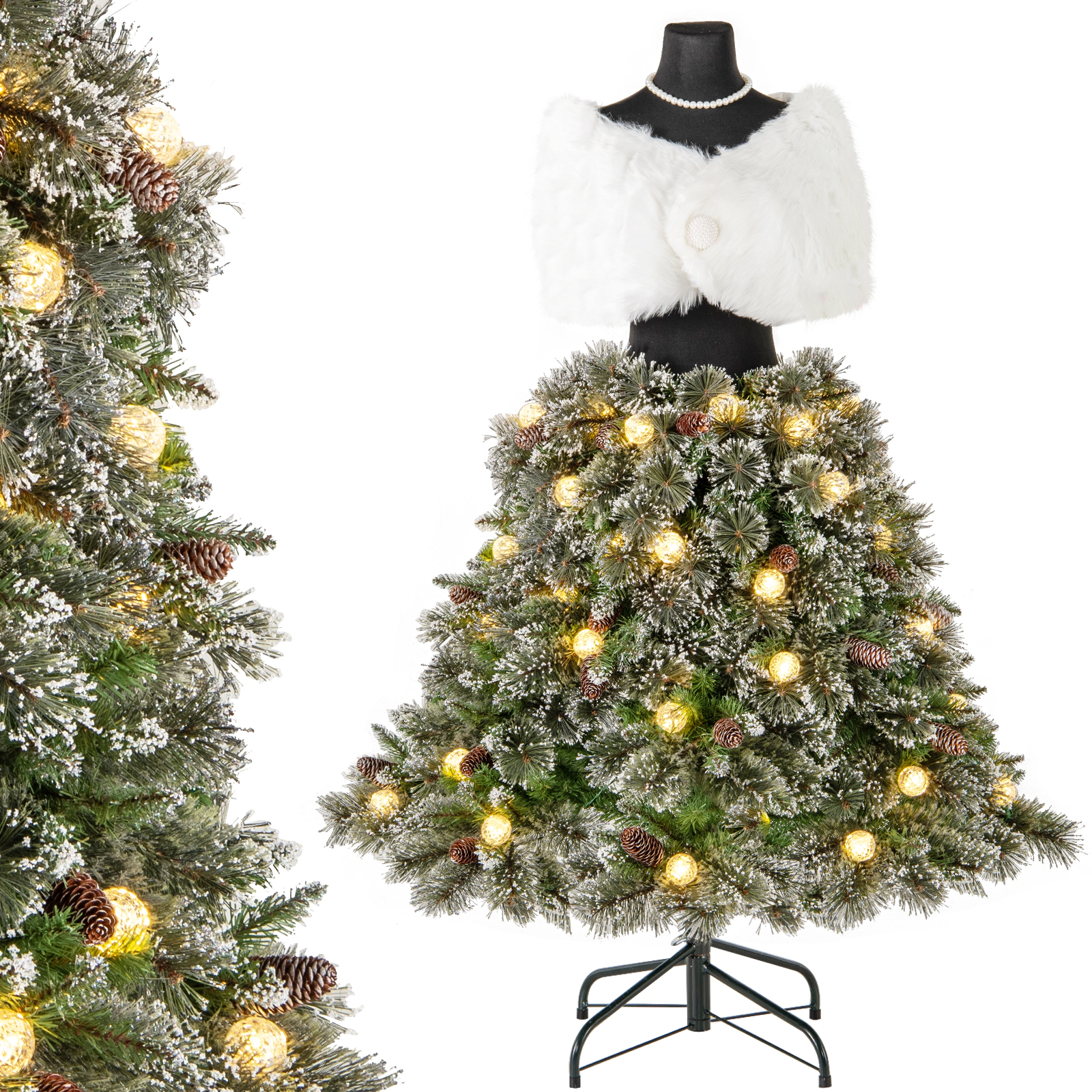 LJG 5 FT Pre-Lit Mannequin Artificial Christmas Tree Hinged Dress Form Xmas Tree with 465 Branch Tips