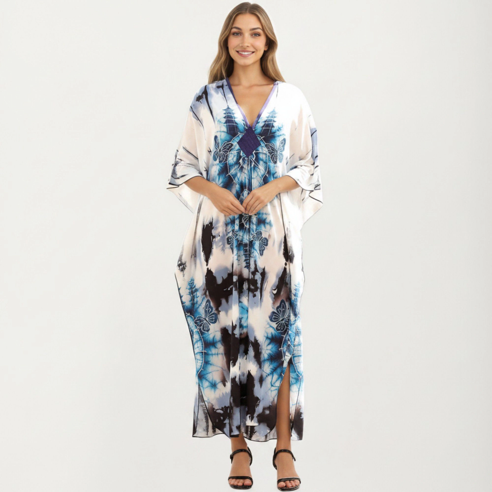 Anna-Kaci Women's Tie Dye Medallion Kaftan Maxi Dress with V-Neckline and Relaxed Flowy Silhouette