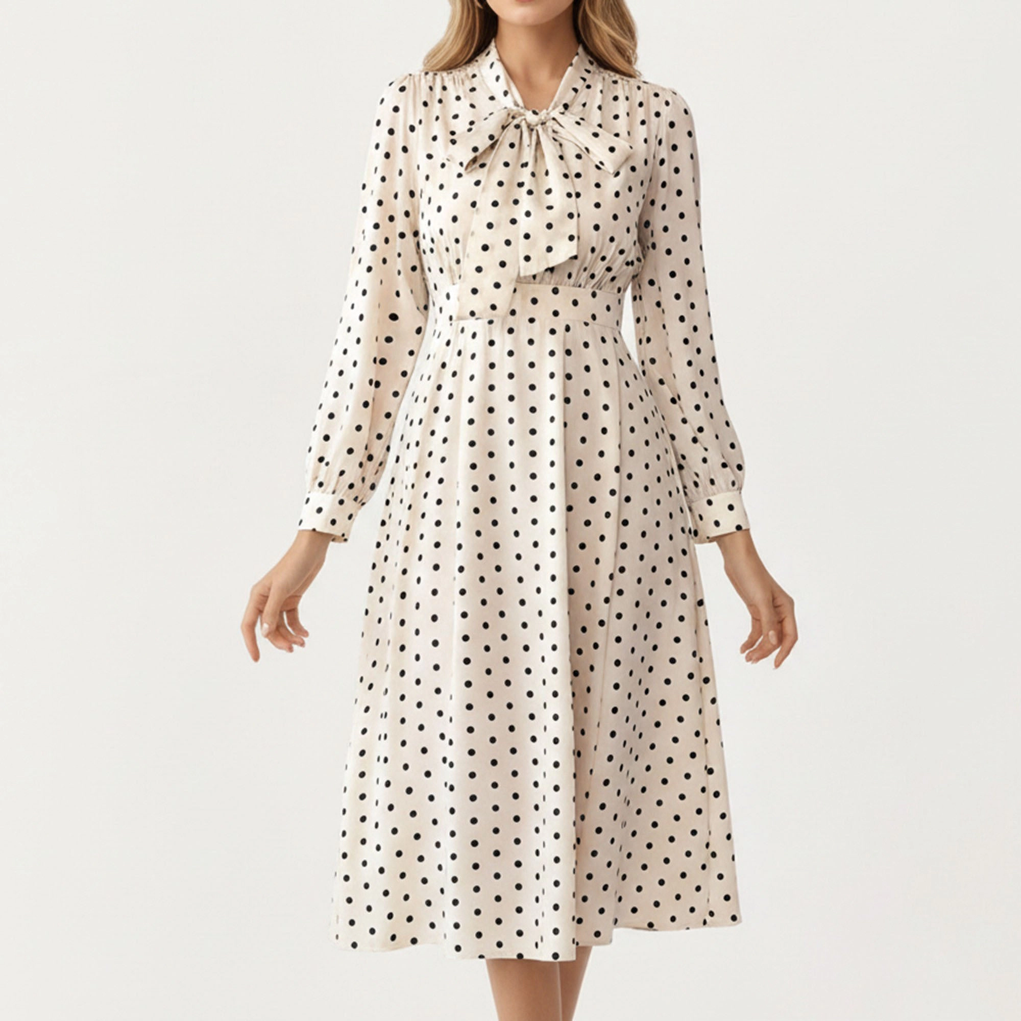 Anna-Kaci Womens Polka Dot Bow Tie V-Neck Midi Dress