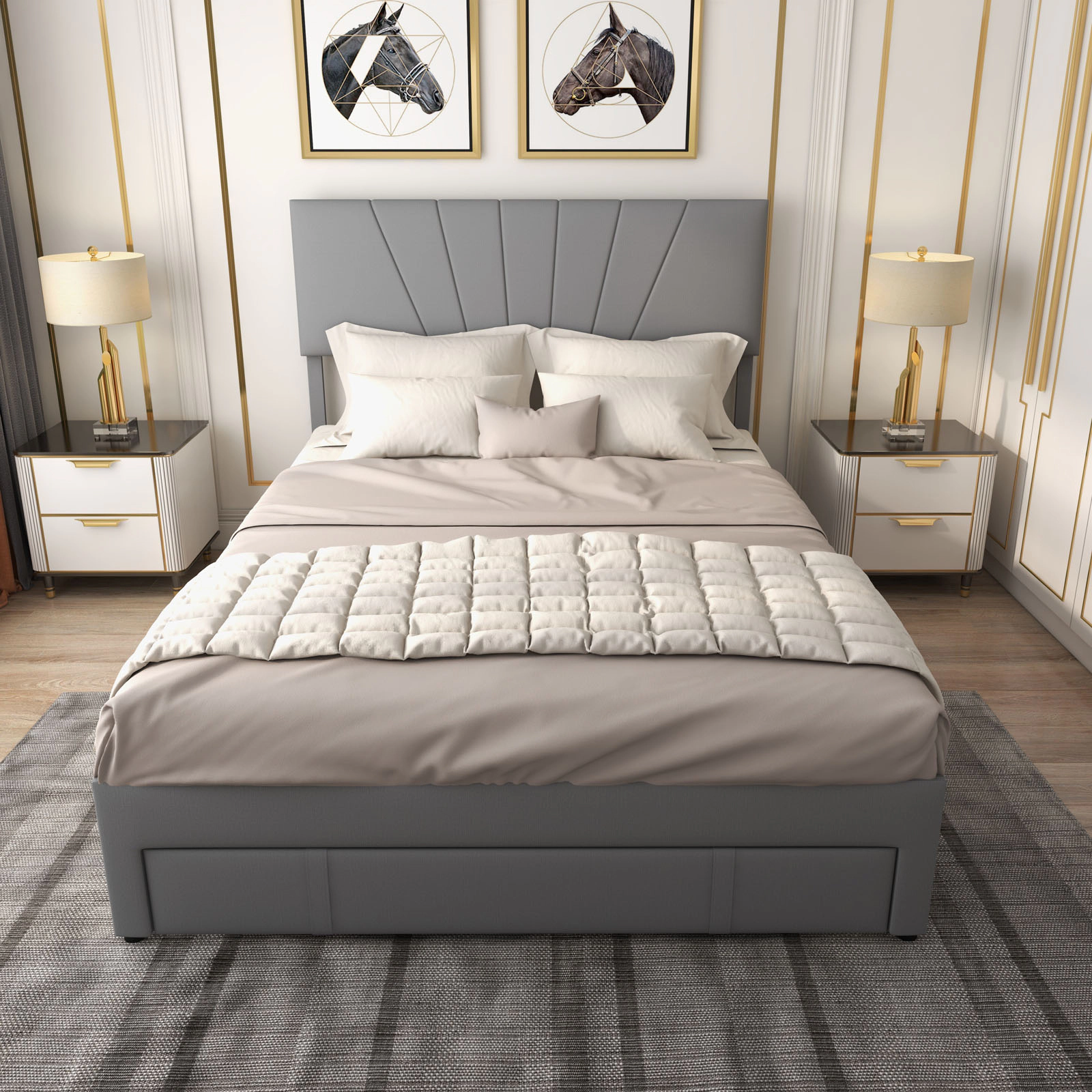 SUGIFT Queen Upholstered Platform Bed with Storage Drawer, Gray Linen Headboard