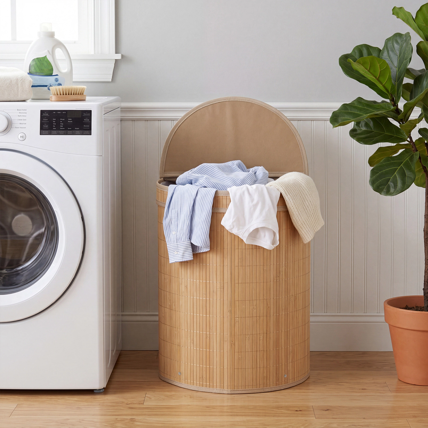 SUGIFT Natural 19-gal Foldable Bamboo Laundry Hamper with Zippered Lid and Detachable Washable Liner