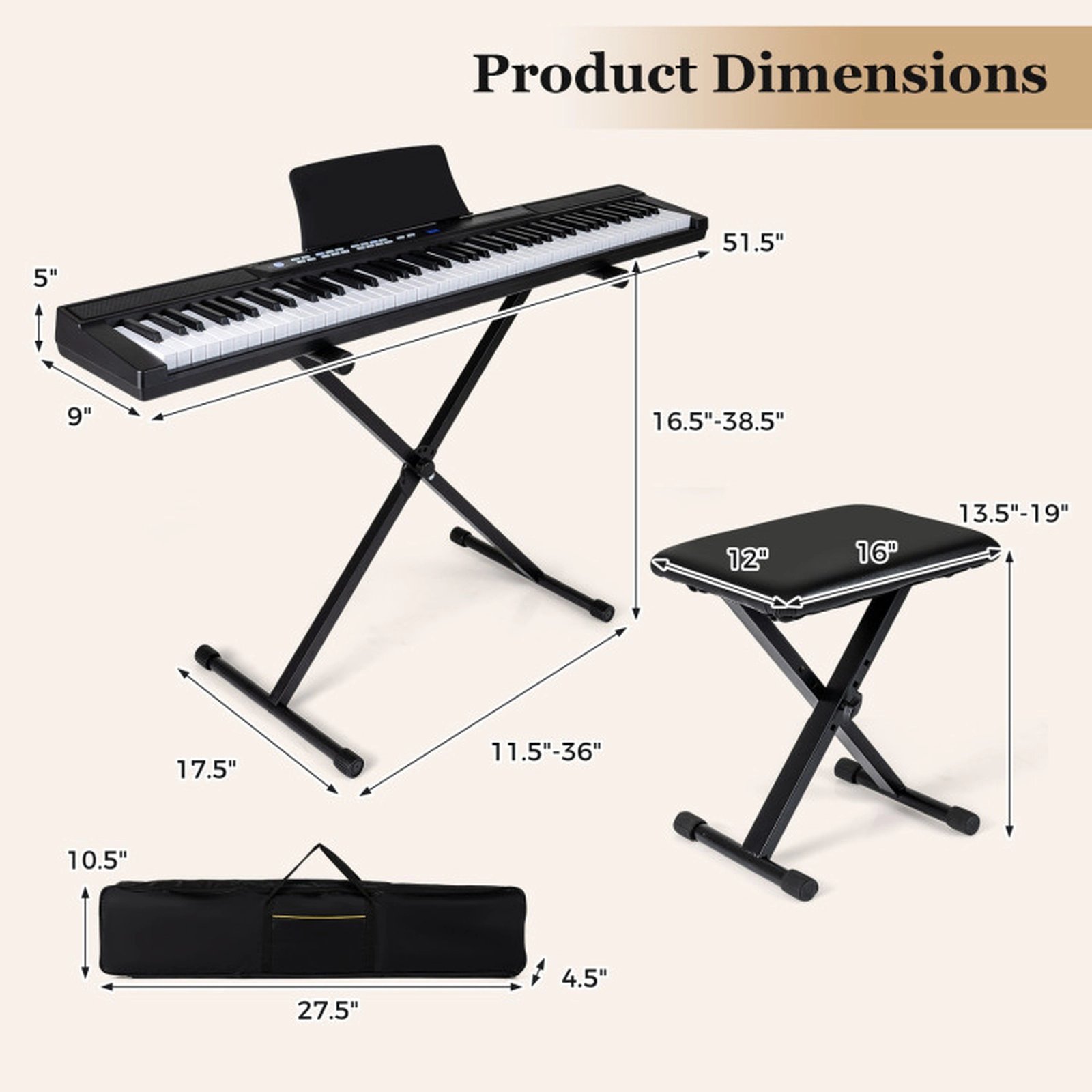 SUGIFT Black 88-Key Electric Piano Keyboard with Adjustable Stand and Carrying Bag 51.5-in W 9-in D 5-in H