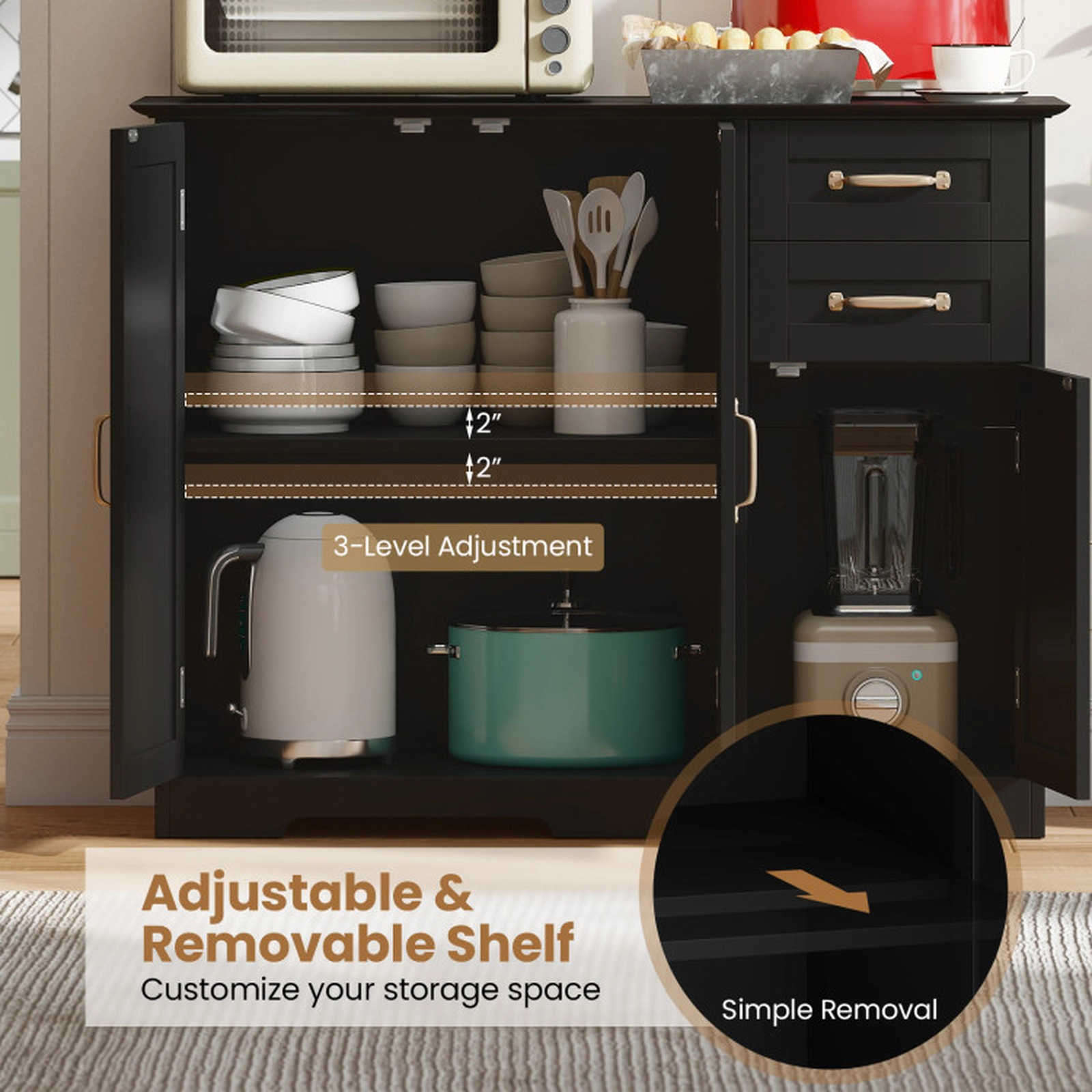 SUGIFT 40-in 120-lb Countertop Black Modern Sideboard Buffet Cabinet with 2 Drawers and Adjustable Shelf