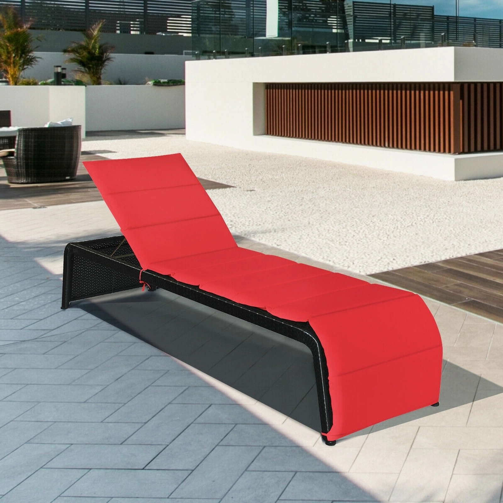 SUGIFT Red Patio Rattan Lounge Chair, 5-Position Reclining Backrest, Washable Cushion