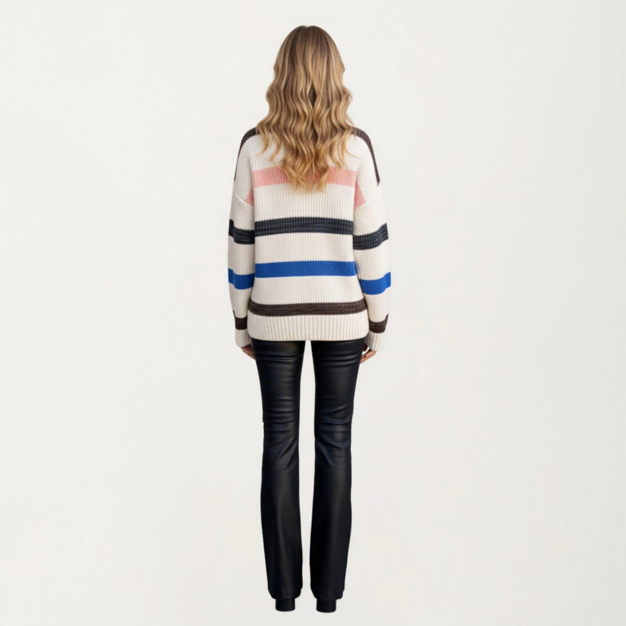 Anna-Kaci Women's Long Sleeve V-Neck Ribbed Knit Sweater with Multicolor Stripes