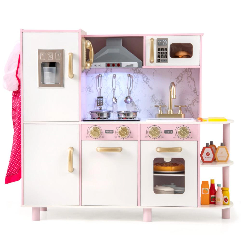 Hivvago Wooden Kitchen Playset with Ice Maker and Sounds for Ages 3+-Pink
