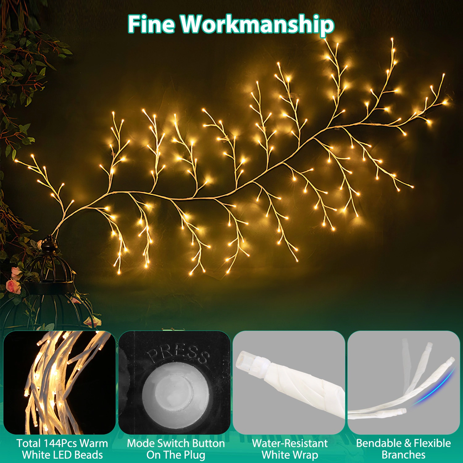 GBruno 144-LED Birch Garland String Lights With Timer