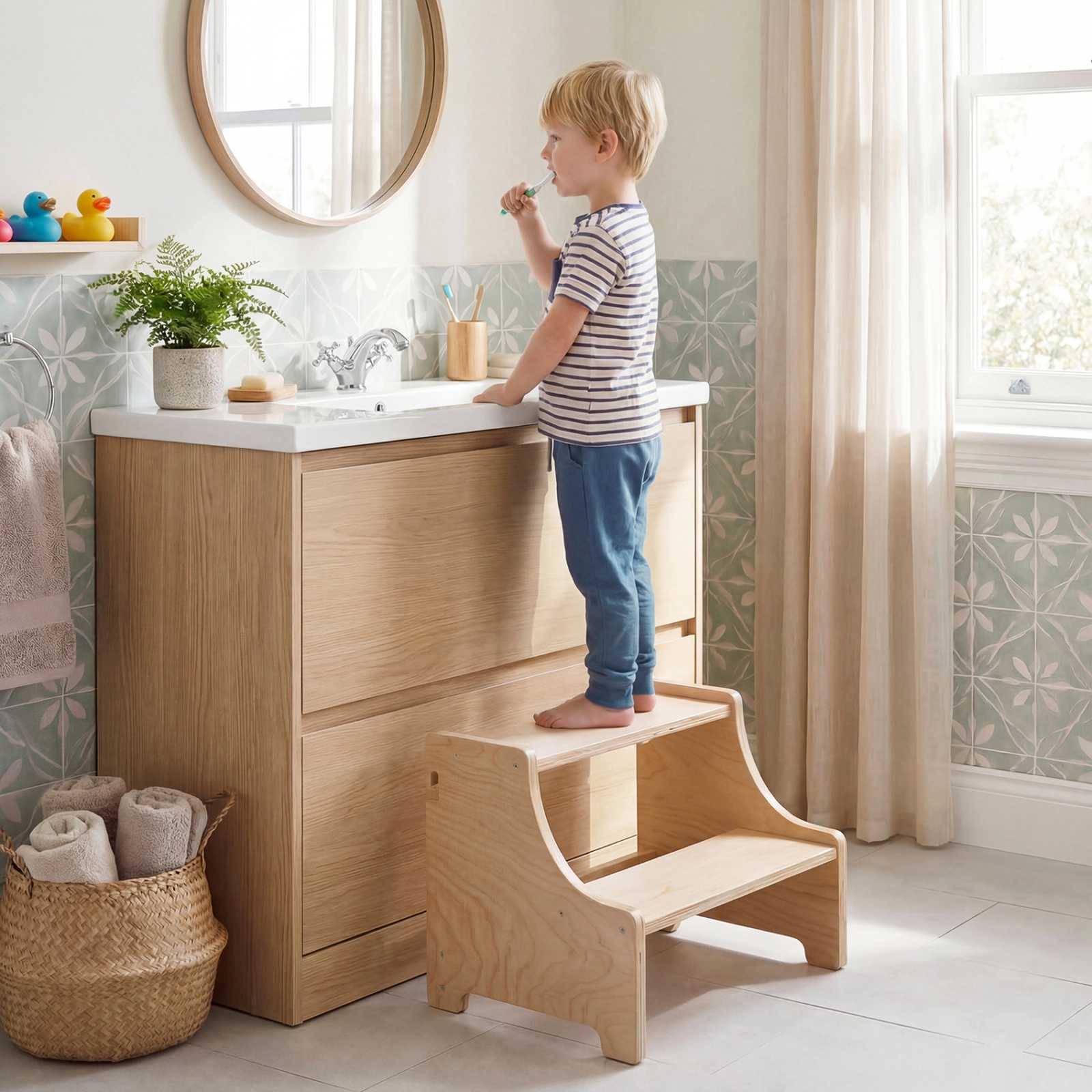 SUGIFT 3-in-1 Foldable Wooden Toddler Standing Tower with 2-Step Stool 110-lb Capacity Ages 3+ Natural