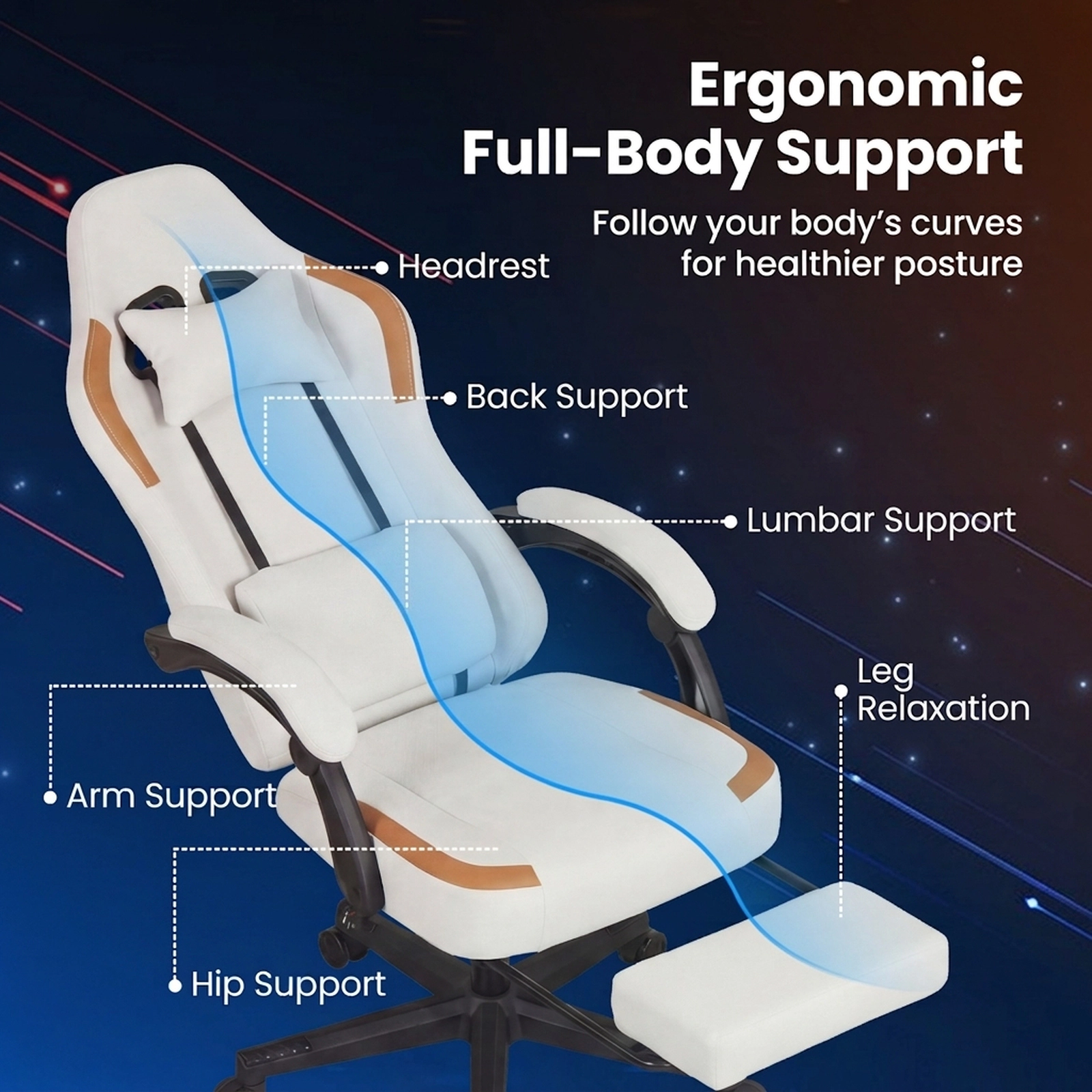 SUGIFT Beige Ergonomic Gaming Chair with Headrest, Lumbar Cushion and Footrest