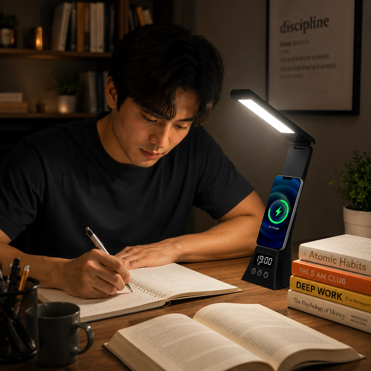 Pursonic Unisex 3-in-1 LED Desk Lamp with Wireless Charger and Alarm Clock – Sleek, Smart, and Space-Saving