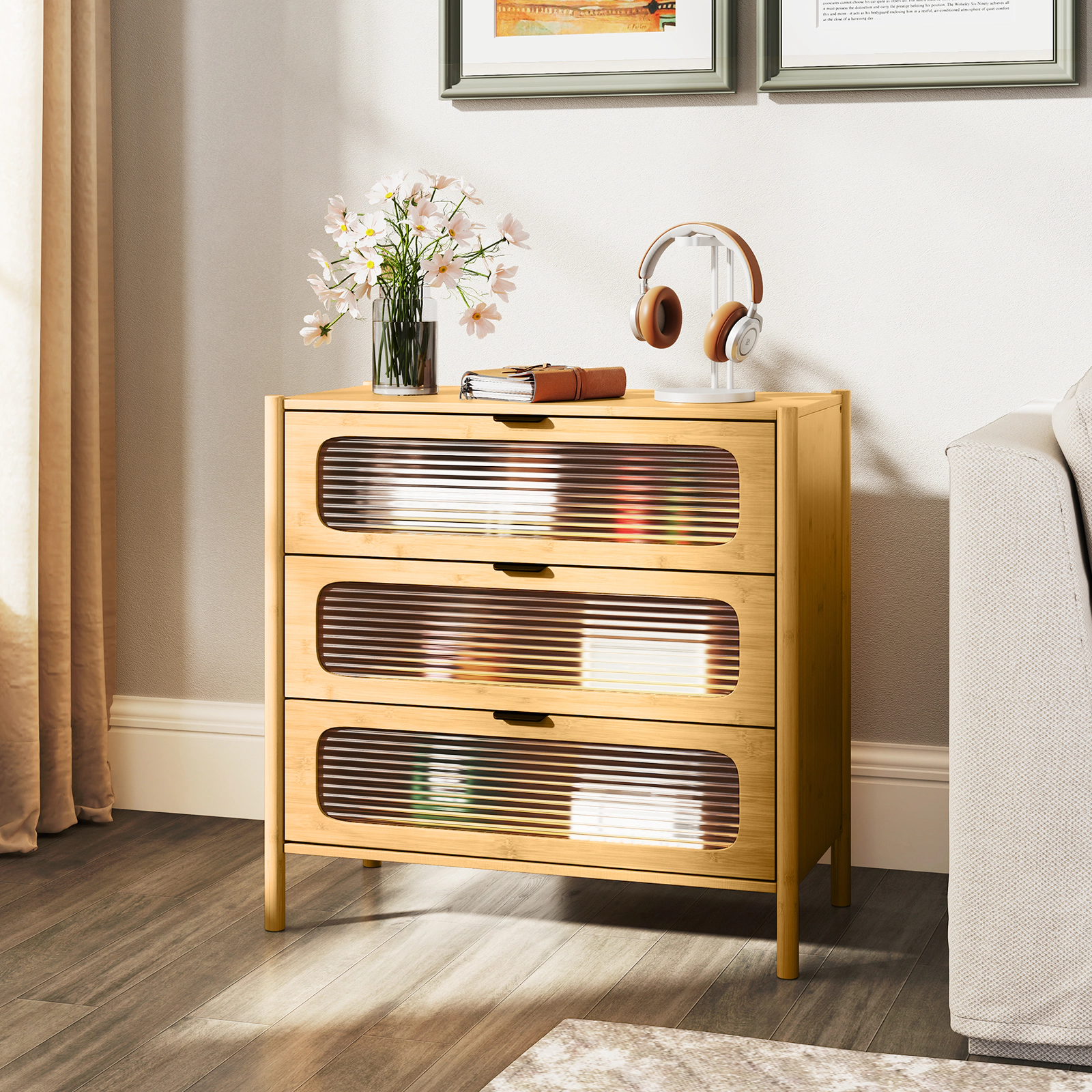 SUGIFT 3 Drawer Mid Century Chest of Drawers Natural with Reeded Tempered Glass Front