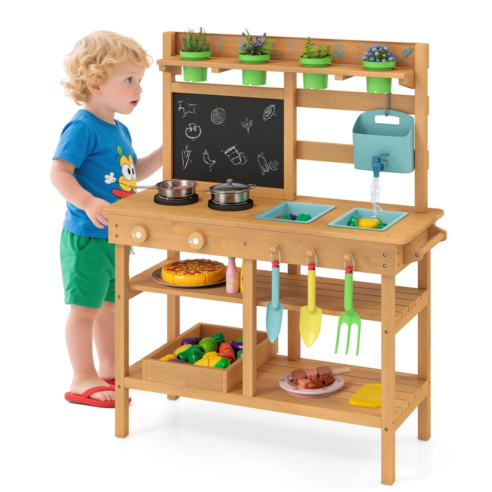 SUGIFT Natural Chalkboard 2 Removable Sinks and Garden Tools Outdoor Kids Wooden Play Kitchen