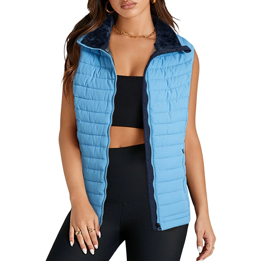 Sol Living Womens Sky Blue Plush Collared Quilted Zipped Puffer Vest