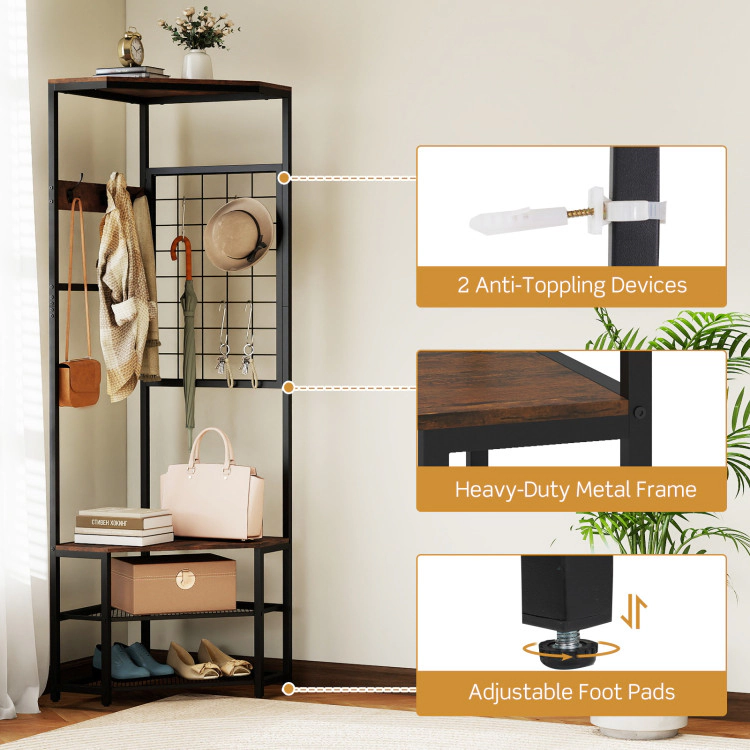 Hivvago Corner Hall Tree Freestanding Coat Rack with Storage Shelves Removable Hooks