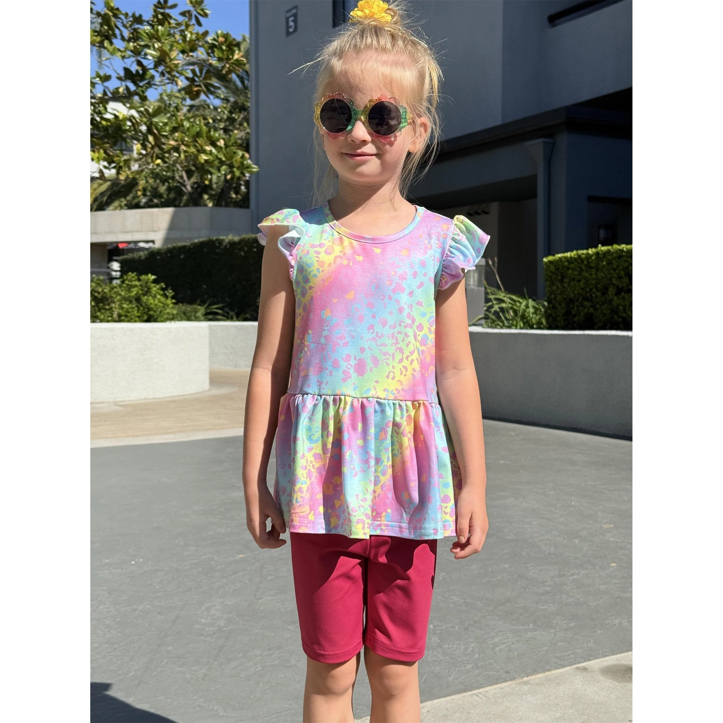 Arshiner Girls Piece Outfit Biker Shorts And Flutter Sleeve Peplum Tunic Tropical Trendy Lightweight