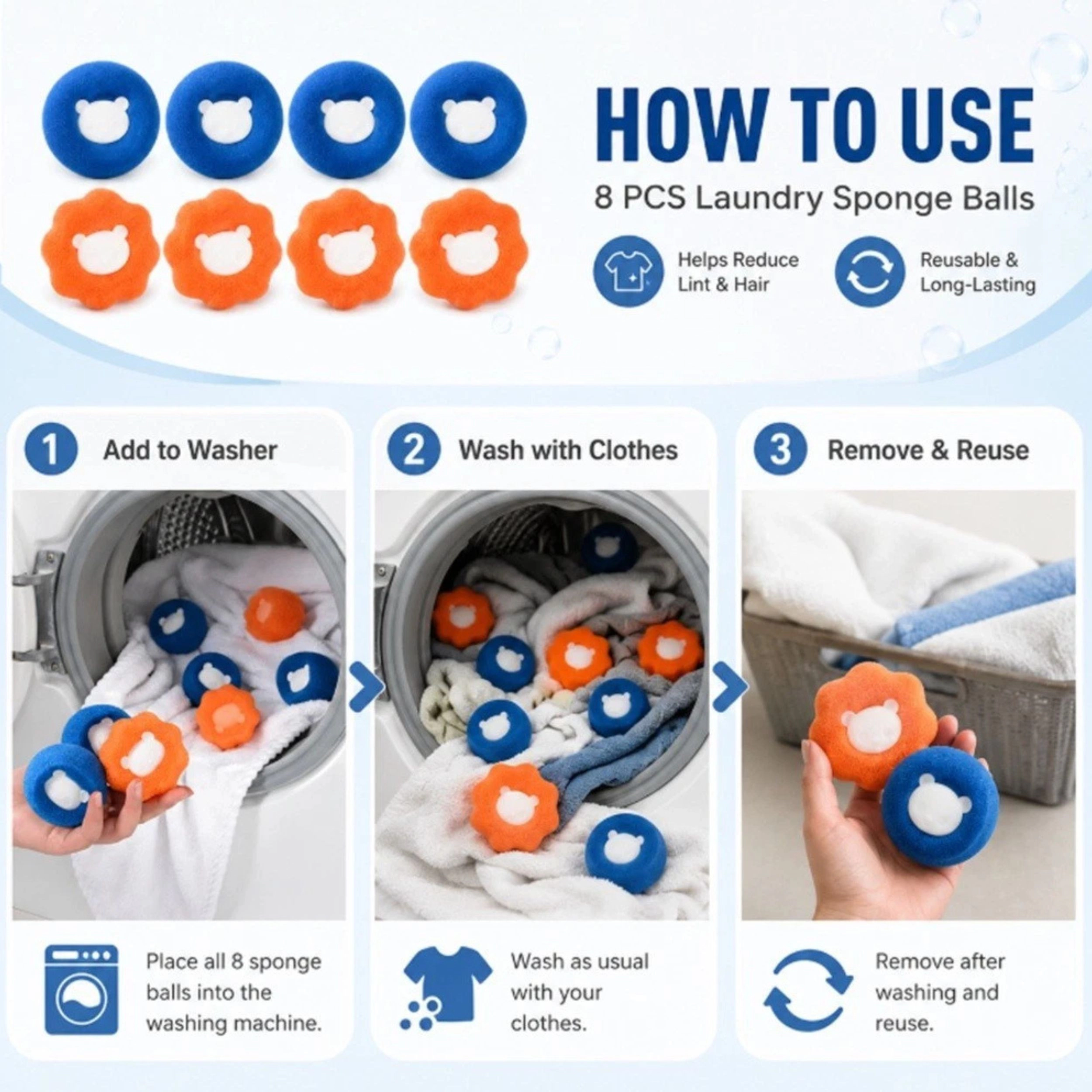 Home Collection Pack of 8 Reusable Pet Hair Remover Balls for Laundry Washer & Dryer