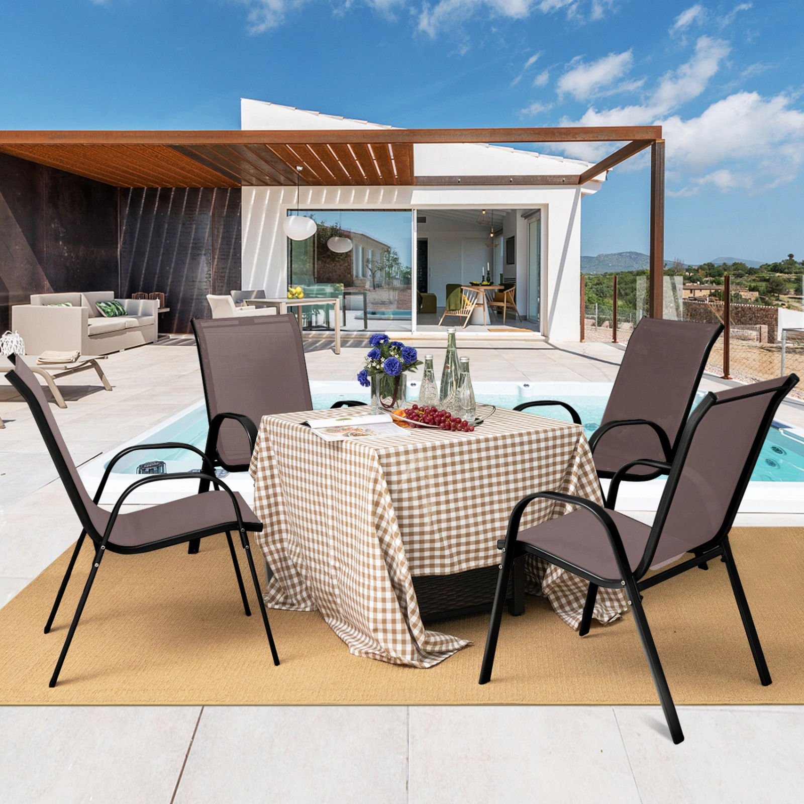 SUGIFT Set of 2 Stackable Patio Dining Chairs with Armrests 35.5-in Tall 330-lb Capacity Brown Fabric Gray Frame