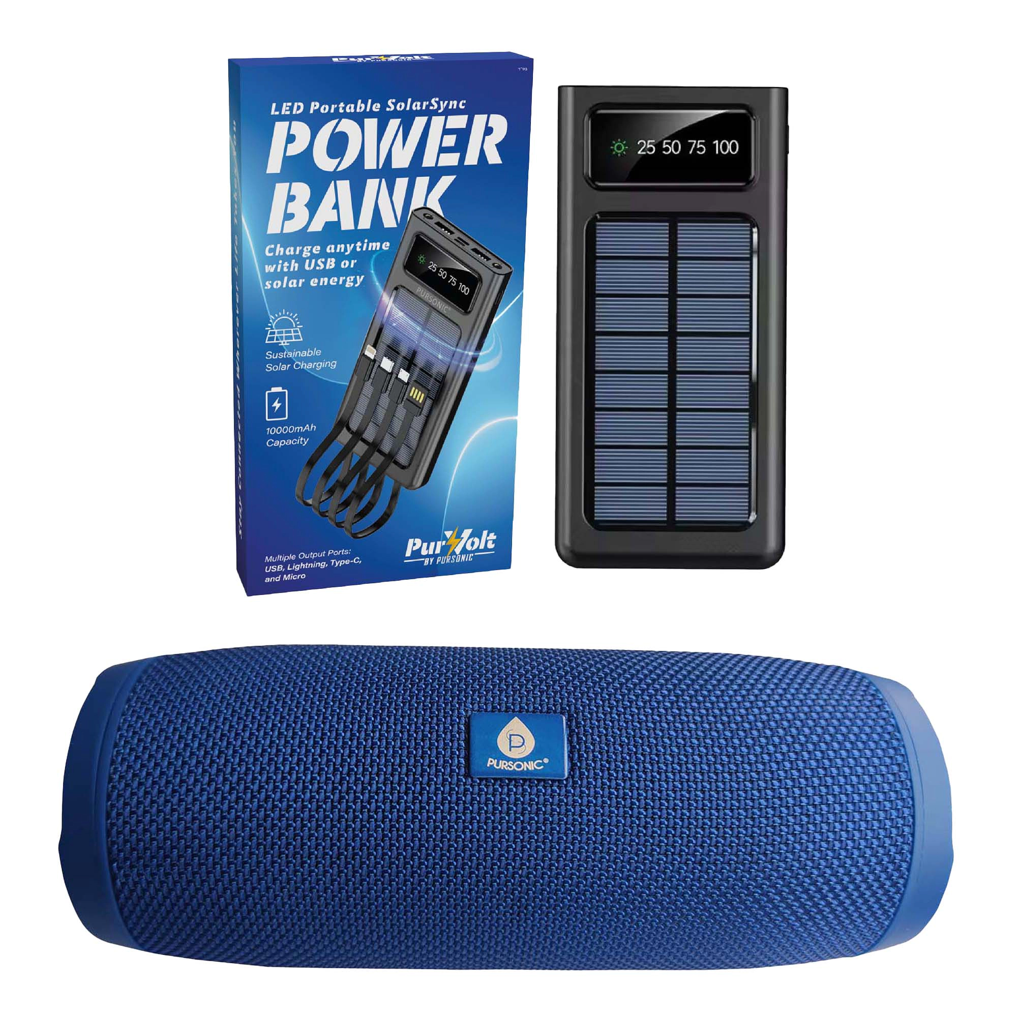 Pursonic Unisex Portable Travel & Outdoor Essentials Water Bottle Speaker, Wireless Speaker & Solar Power Bank Bundle