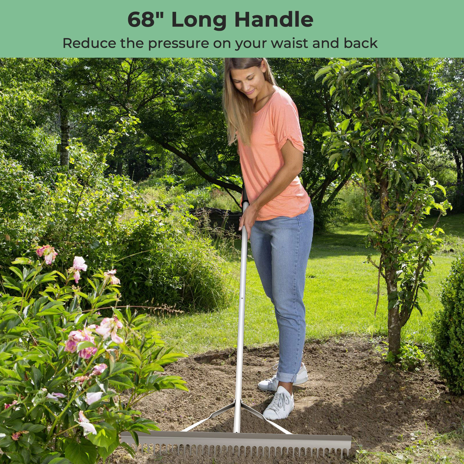 SUGIFT 36 in Aluminum Landscape Rake Silver with 68 in Handle and Close Set Tines