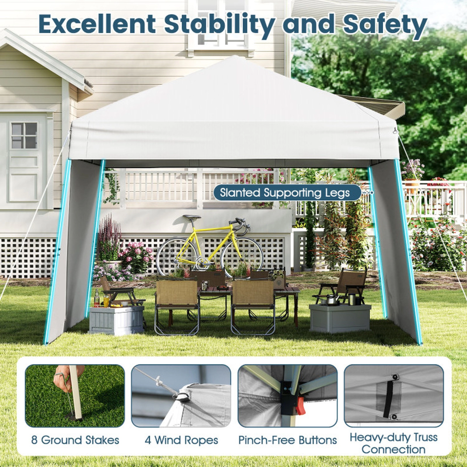 SUGIFT White Pop Up Canopy Tent with 2 Sidewalls Convertible to Awning and 8 Stakes 14-ft W 9.2-ft D 8.3-ft H