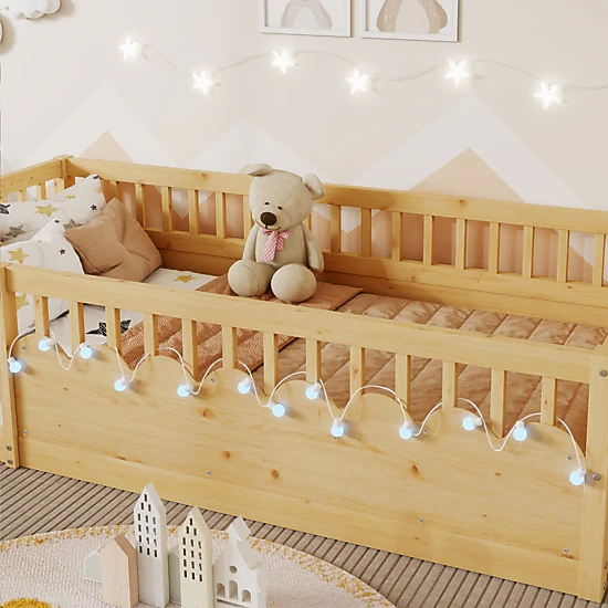 Flynama Twin Montessori Floor Bed with High Rails, Light & Storage Shelf, Natural